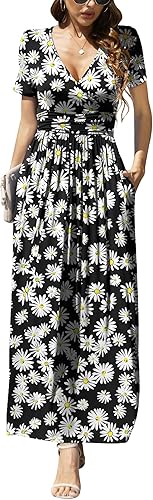 LILBETTER Vestido de verano de manga corta para mujer, vestido maxi con cintura envolvente con bolsillos