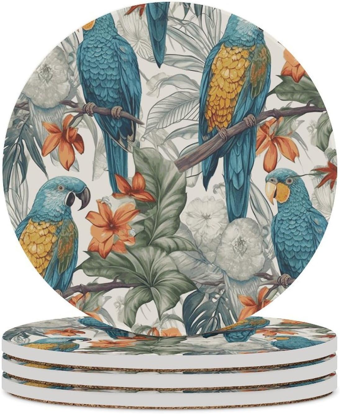 Parrots on Branches Coasters Round Coasters Set Ceramic Stone Coaster with Cork Base Coffee Cup Beverage Cup Mat Cute Funny Table Drinks Coaster for Mugs and Cups Office Kitchen