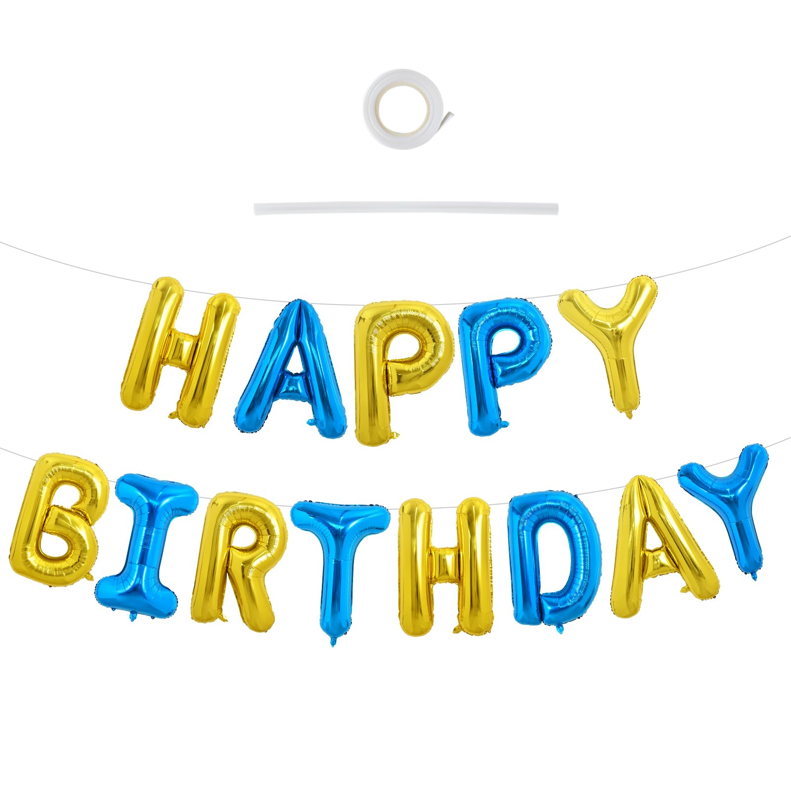 TONIFUL Happy Birthday Balloons with Ribbon Straw, 16 Inch Mylar Letters Birthday Sign Banner Bunting Reusable for Girls Boys Kids & Adults Party