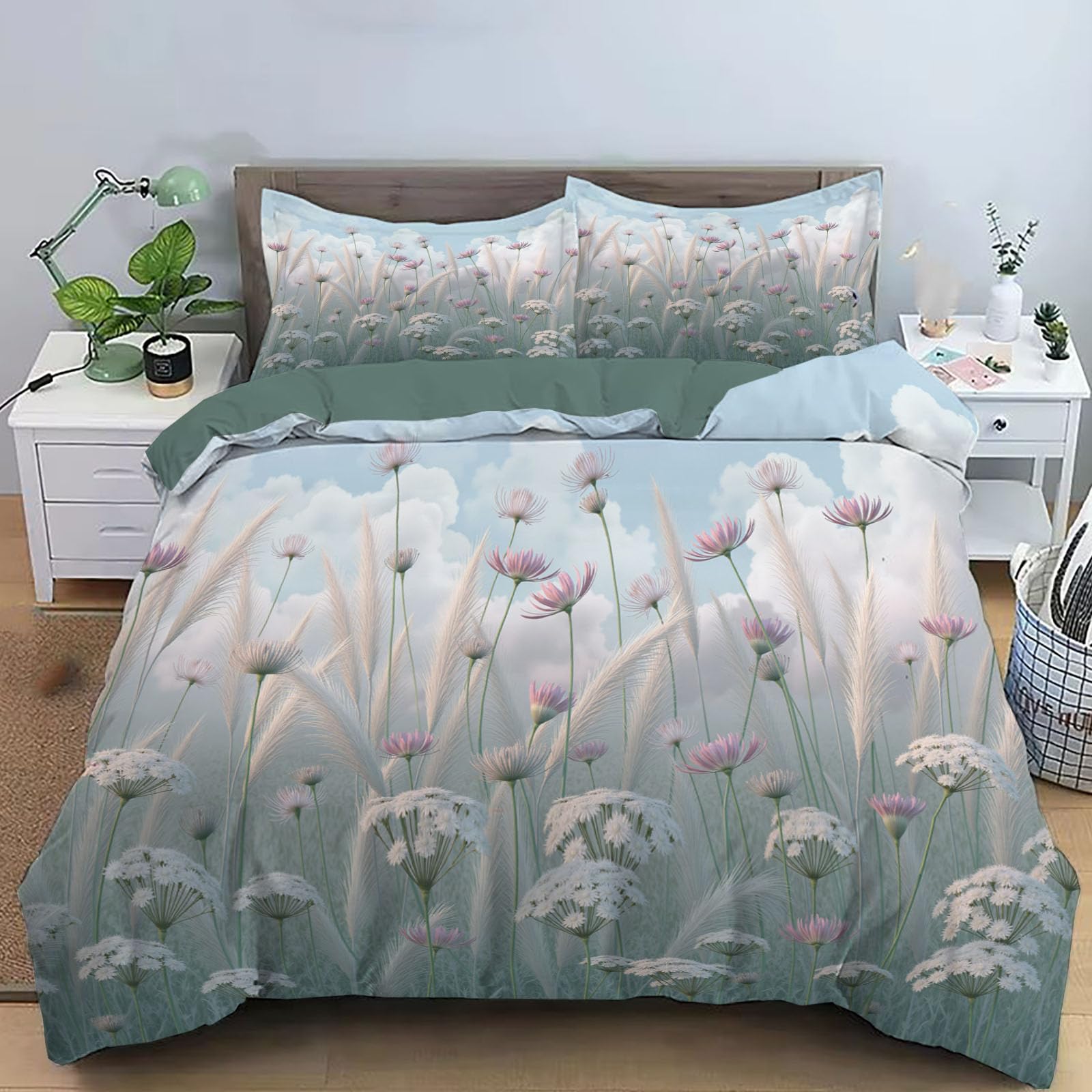 Housse de couette 220x240 cm parure de lit 3 pièces microfibre taie 65x65 floral