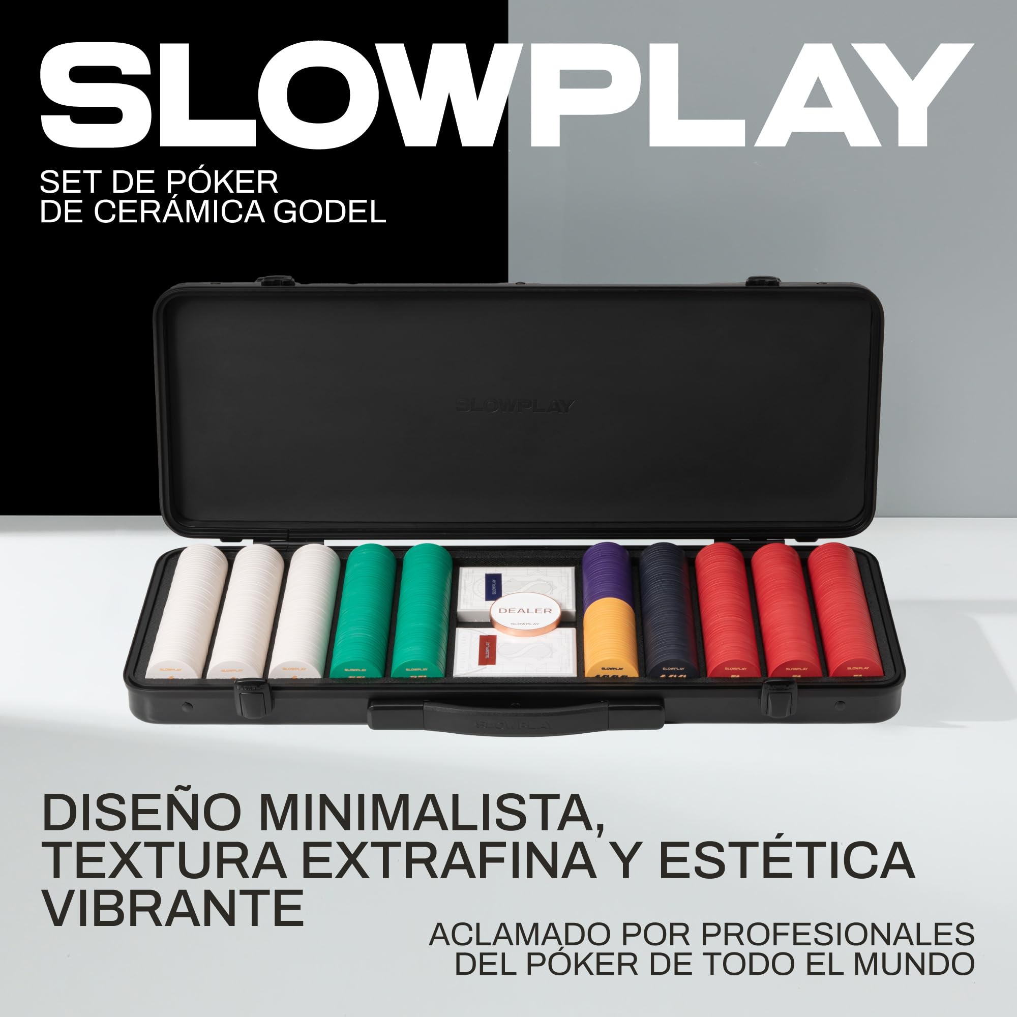 SLOWPLAY Set póker cerámica Godel, fichas 10 g/39 mm, Texas Hold’em | 500 piezas numeradas; maletín PC premium con efecto espejo; fichas compuesto cerámico; estilo minimalista