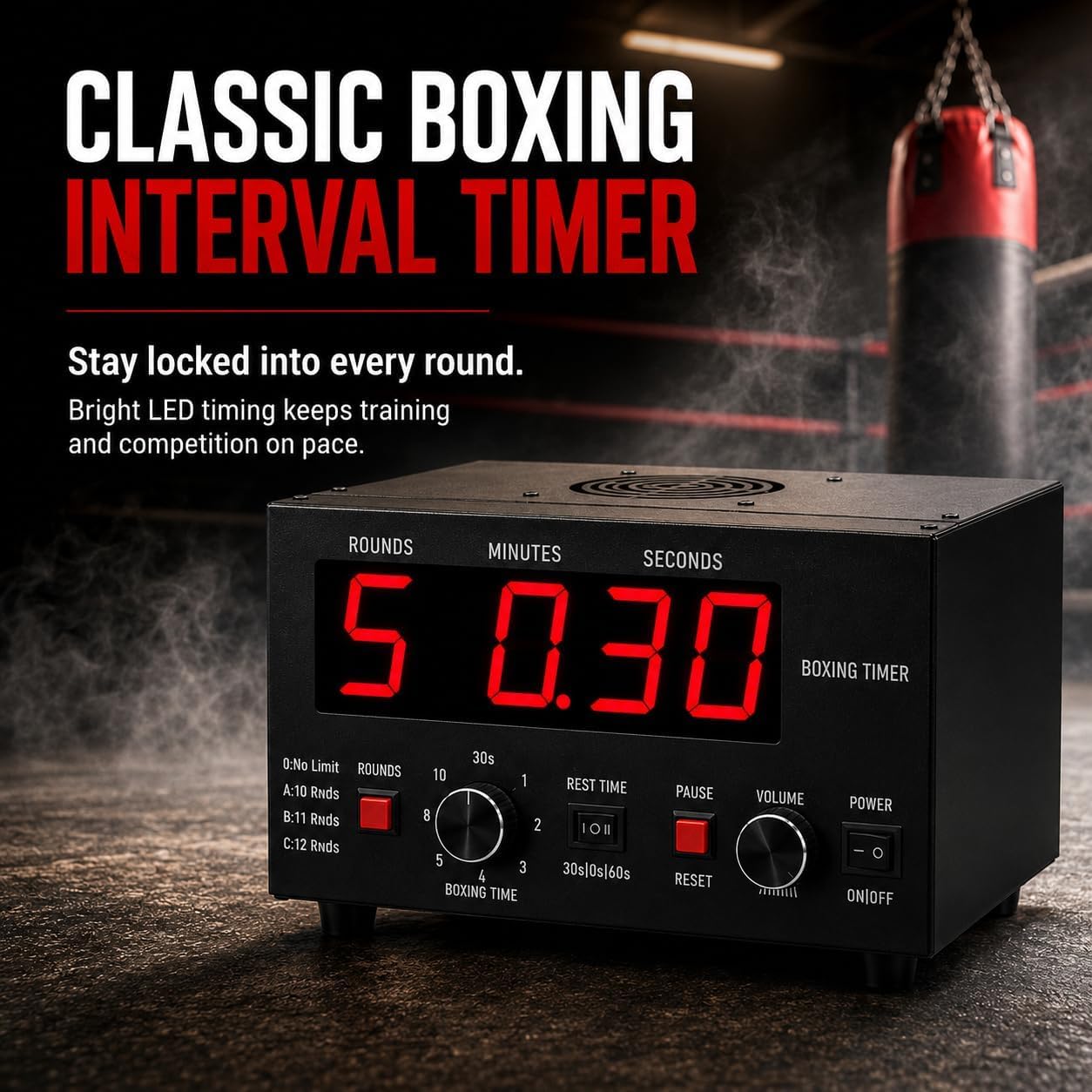 Timer portatile a intervalli di boxe, display a LED, 1-12 o giri illimitati