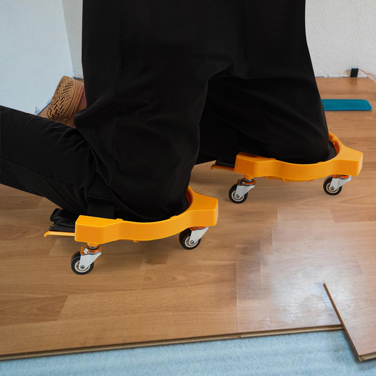 Lot de 2 genouillères roulantes avec 3 roues à 360 degrés et coussins en gel confortables, genouillères pour le travail, le chantier, avec sangles réglables, jaune