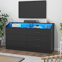 Vista 7 de Cómoda de 6 cajones con toma de corriente, cómoda con luz LED, cómoda moderna con cubículo de almacenamiento abierto, organizador de cómodas dobles
