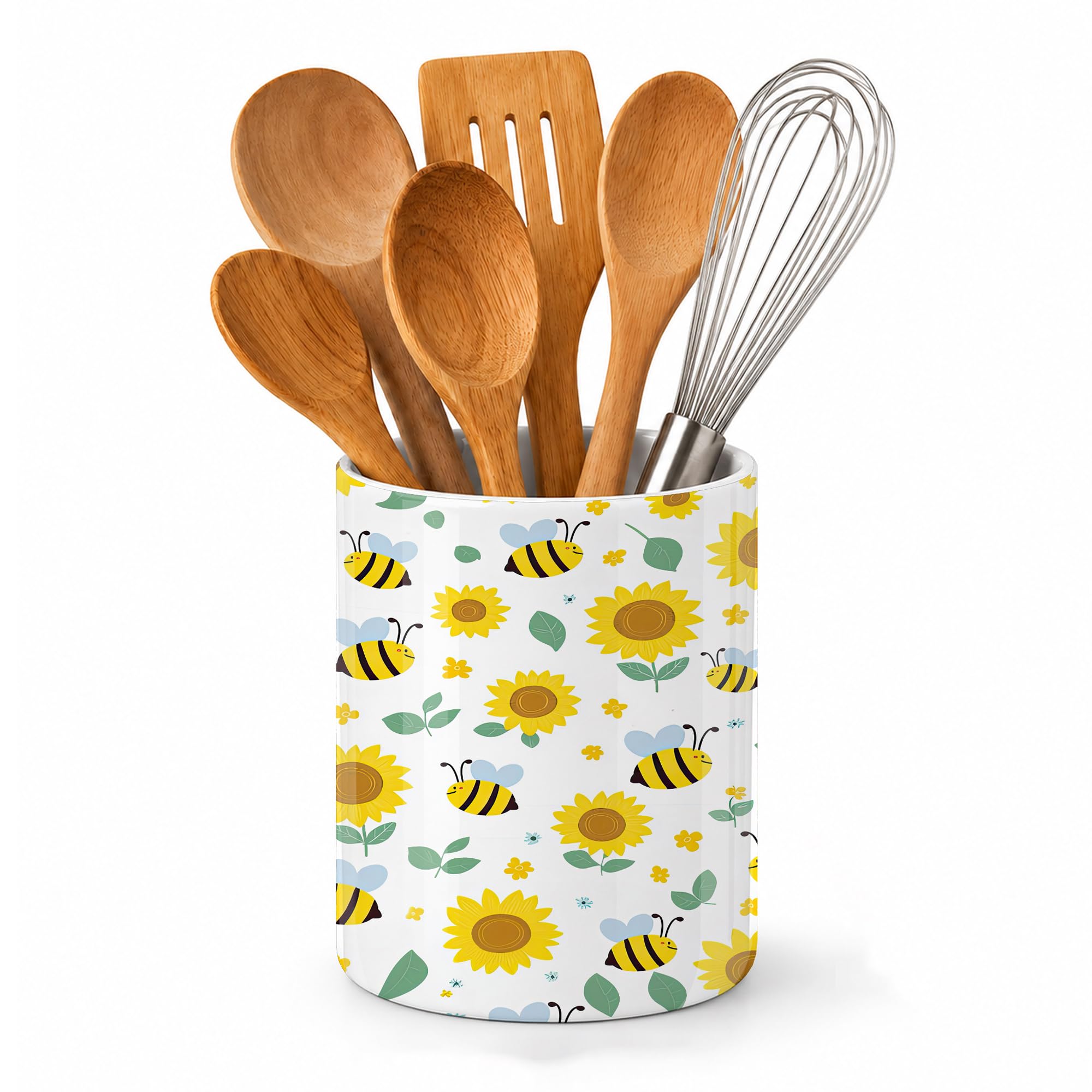 Axxitude Cute Bee Sunflowers Cute Bee Ceramic Kitchen Utensil Holder For Countertop,Sunflowers Large Utensil Crock For Kitchen Counter,Cooking Utensil Organizer For Spatulas,Spoons
