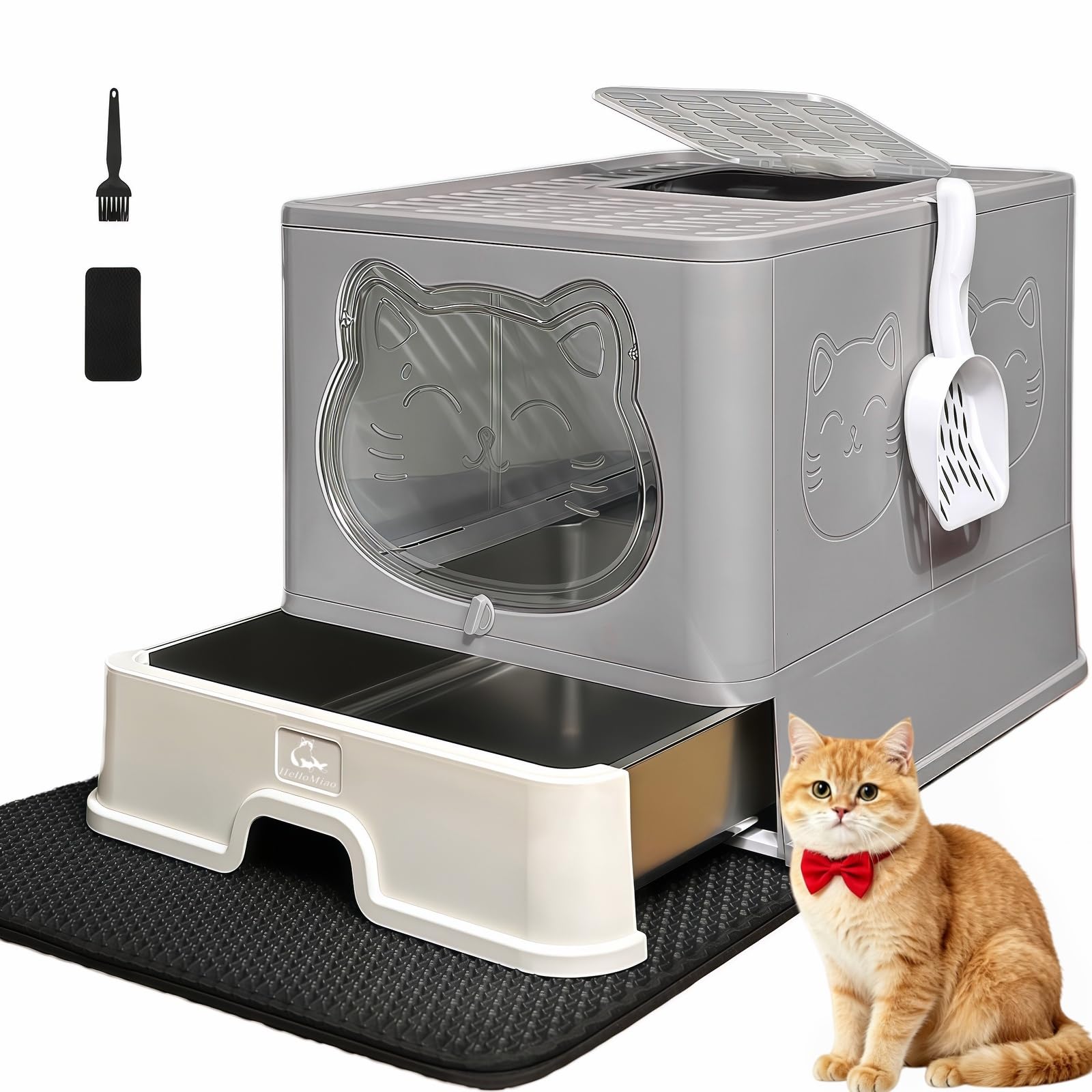 HelloMiao Odor-Lock Hooded Cat Litter Tray Fully Enclosed Litter Box with Stainless Steel Drawer for Easy Cleaning XL Privacy Cover Includes Scoop & Mat for Indoor Cats Fits Up to 17.6 lbs Grey