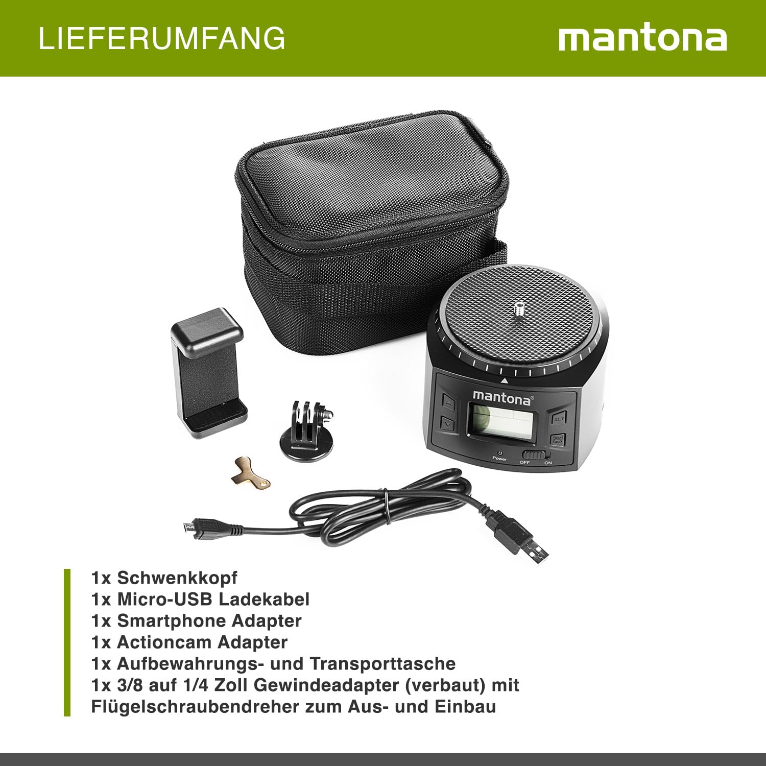Mantona Elektrischer 360° Panoramakopf, Schwenkkopf mit Endlosrotation, Stativkopf für Panorama, Kamera Zubehör für GoPro Action-Kameras & Smartphones