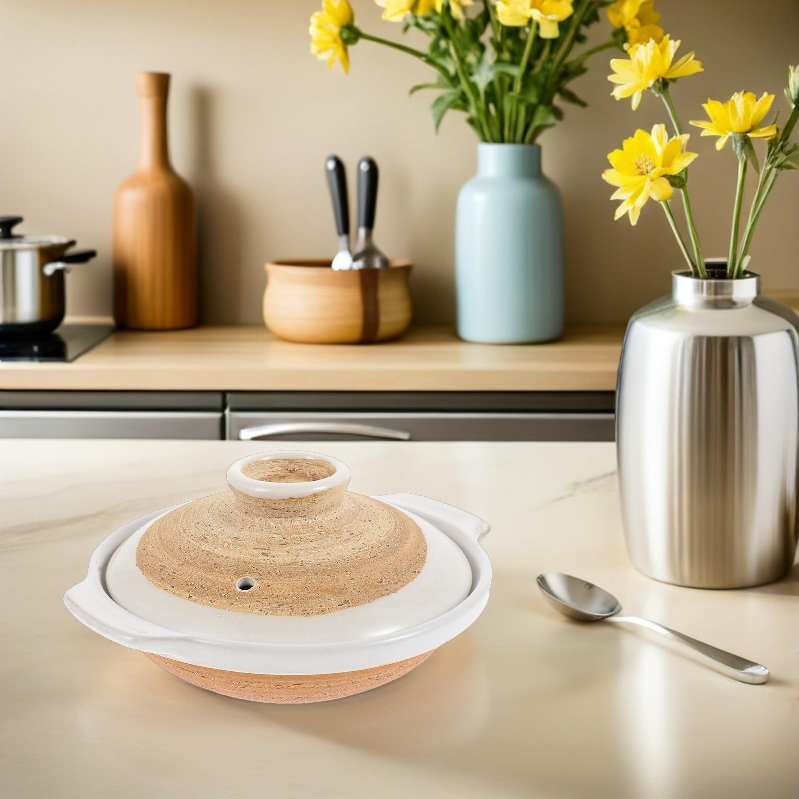 OUNONA Olla de Barro de 450ml con Tapa de Arcilla para Cocina Tradicional Asiática, Realza Sabor Auténtico y Limpieza Fácil, Adecuado para Cenas Familiares