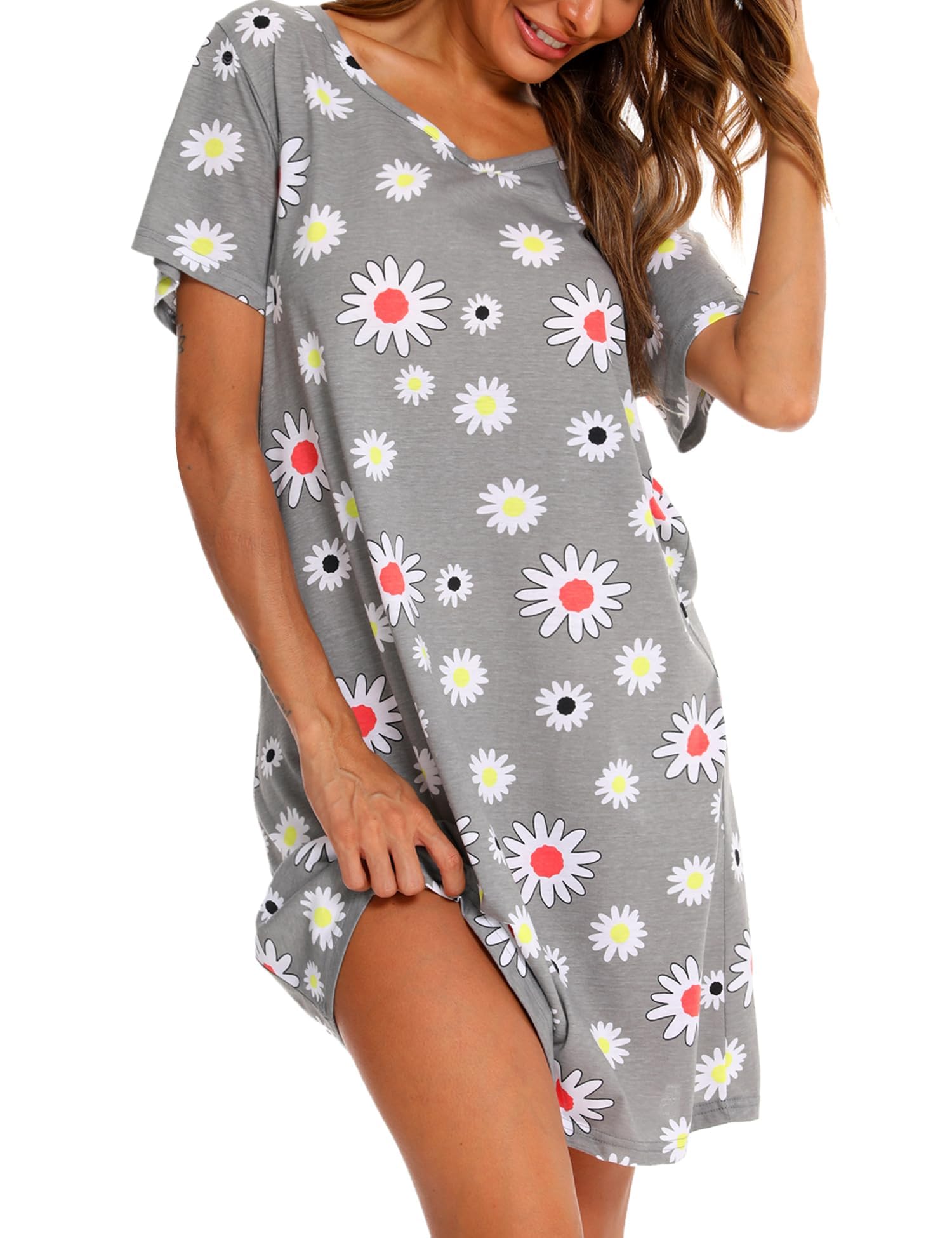 enjoynight Womens Cotton Sleepwear Short Sleeves Print Sleepshirt Sleep Tee (Flower, L/XL)-picture-48