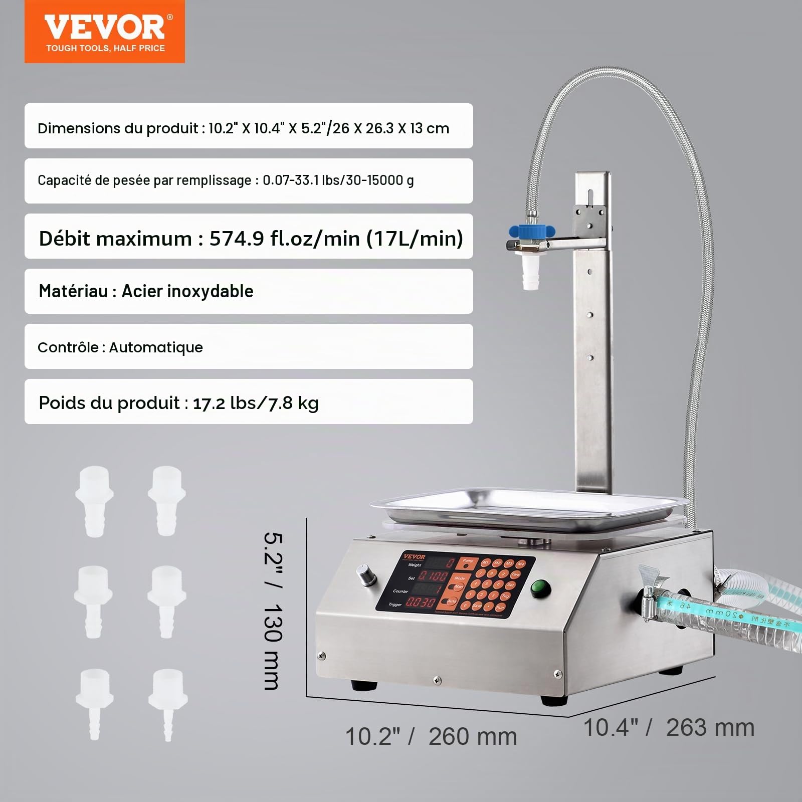 VEVOR Machine de Remplissage de Liquide Automatique Capacité de Pesée 30-15000 g Remplisseuse de Bouteilles Commande Numérique pour Lait, Eau, huile, Vin, Boissons, Détergents, Shampoing, Buse Unique