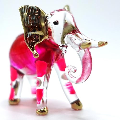 Miniatura 6 de Figuras artísticas de elefante en miniatura de vidrio soplado a mano, animales coleccionables, decoración de regalo, tronco hacia abajo (rosa rojo)