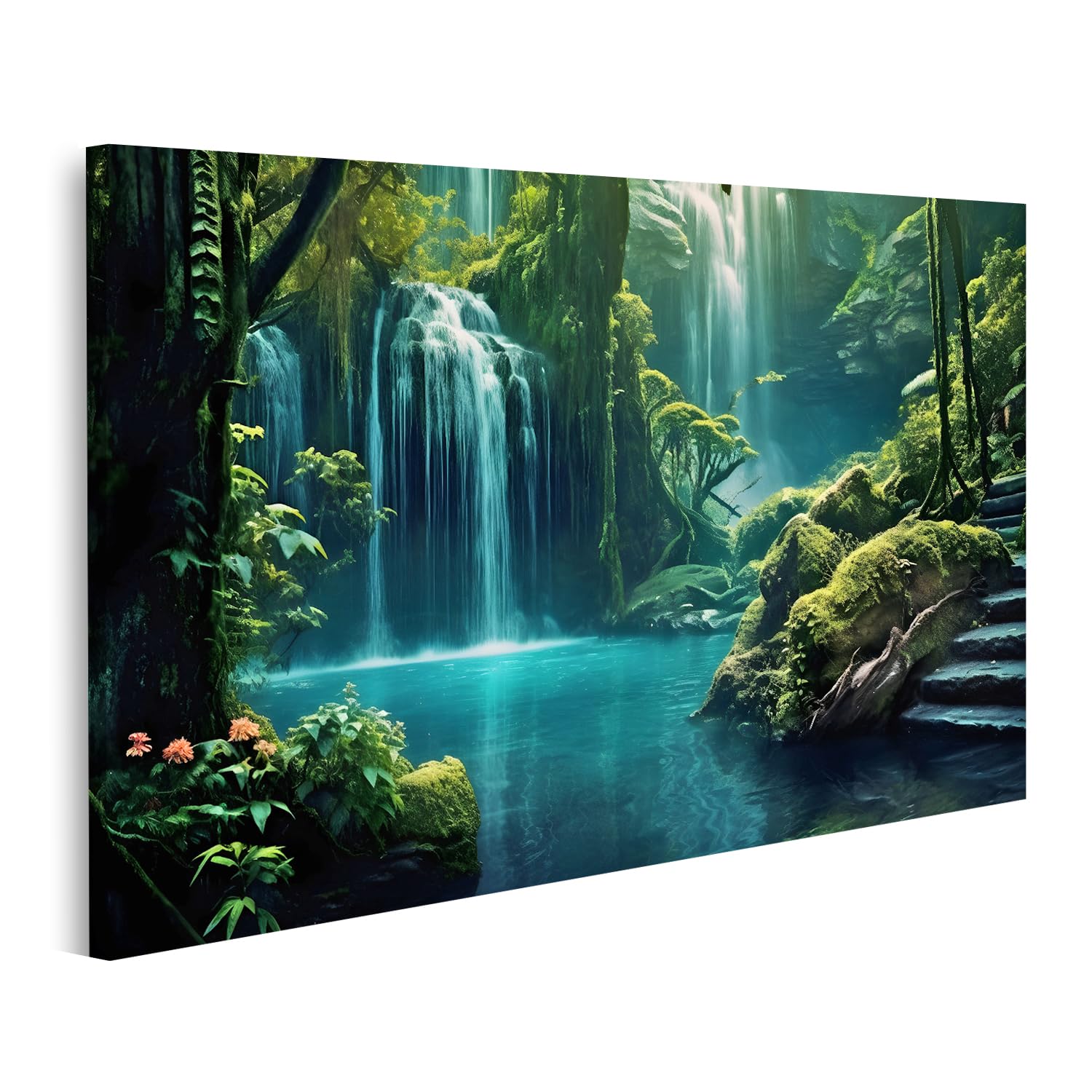 Paysage fantastique en tableau sur toile pour créer un salon zen avec cascade de jungle