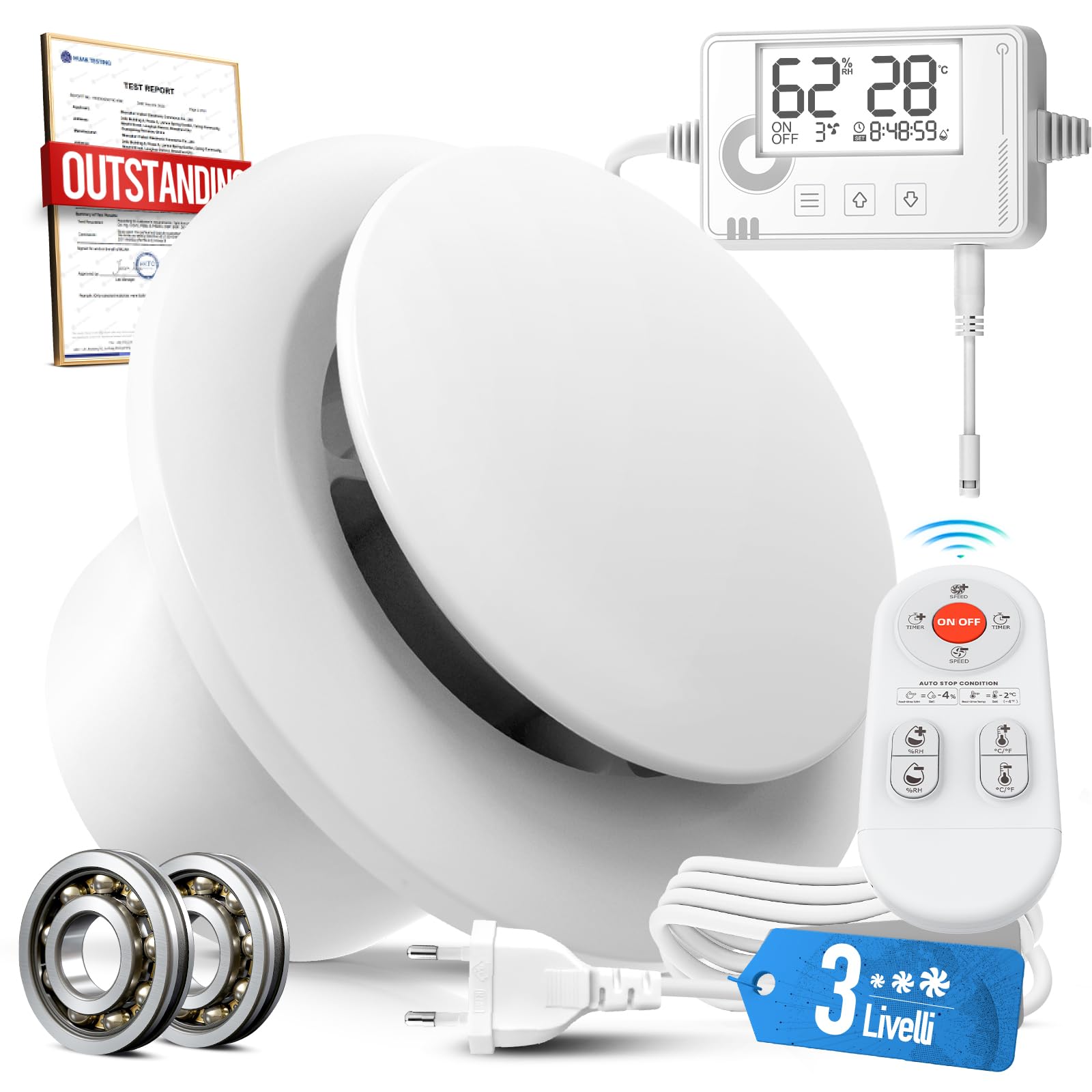 Aspiratore Bagno 100mm 3 Velocità, Ventola Aspirazione con Sensore di Umidità Temperatura Timer Telecomando, Silenzioso Potente Ventilatore Bagno Cucina Cantina, Estrattore Aria P109