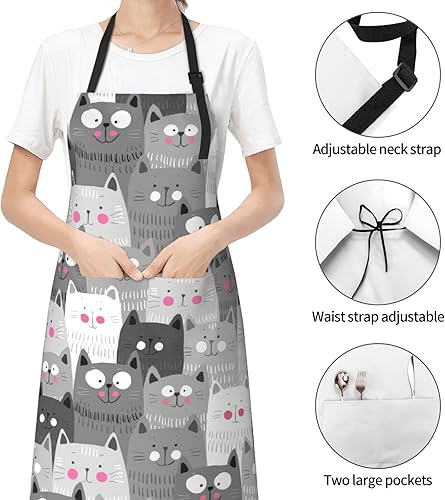 Miniatura 4 de Delantal impermeable de gatos lindos grises para adultos, babero de chef con 2 bolsillos para cocina, barbacoa, manualidades, dibujo