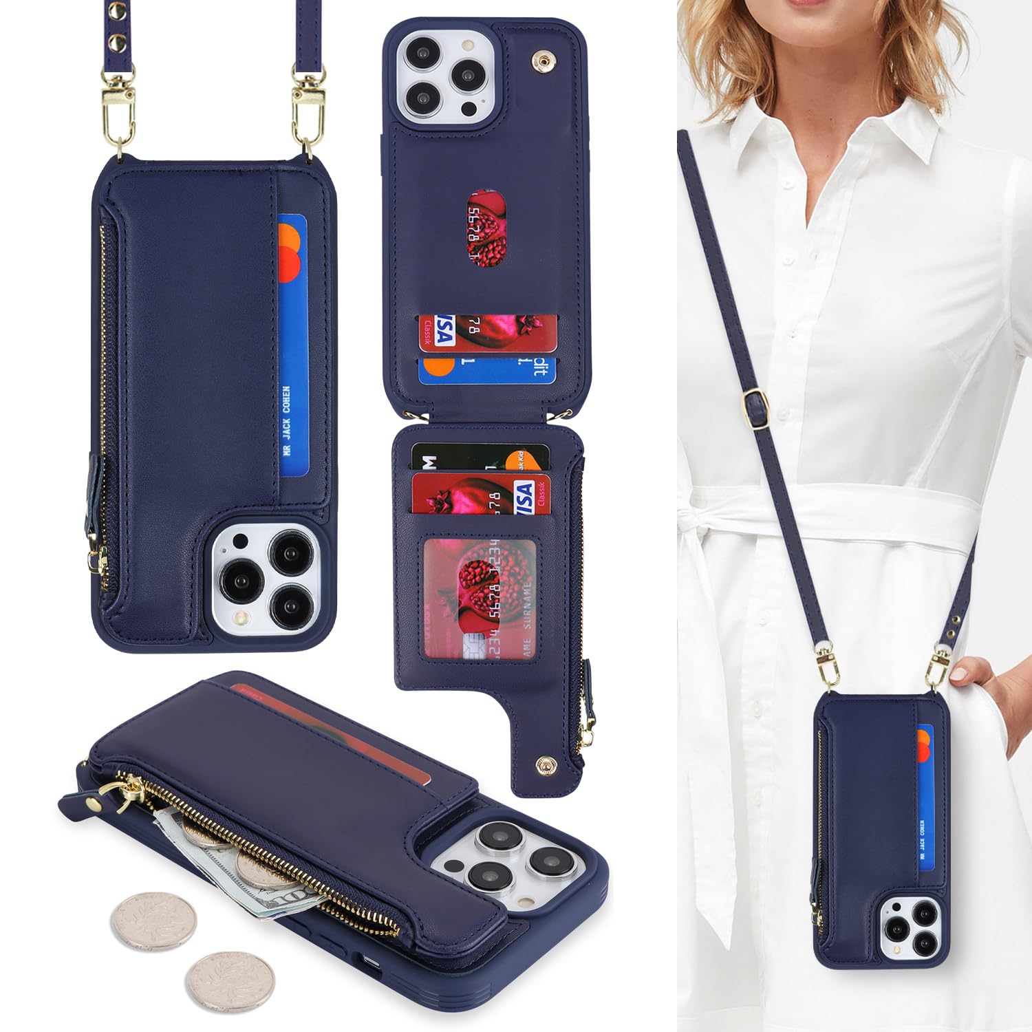 Cavor for iPhone 15 Pro Max Wallet Case with Card Holder for Women,for iPhone 15 Pro Max Case with Strap,Crossbody and Wristlet Zipper Pocket Phone