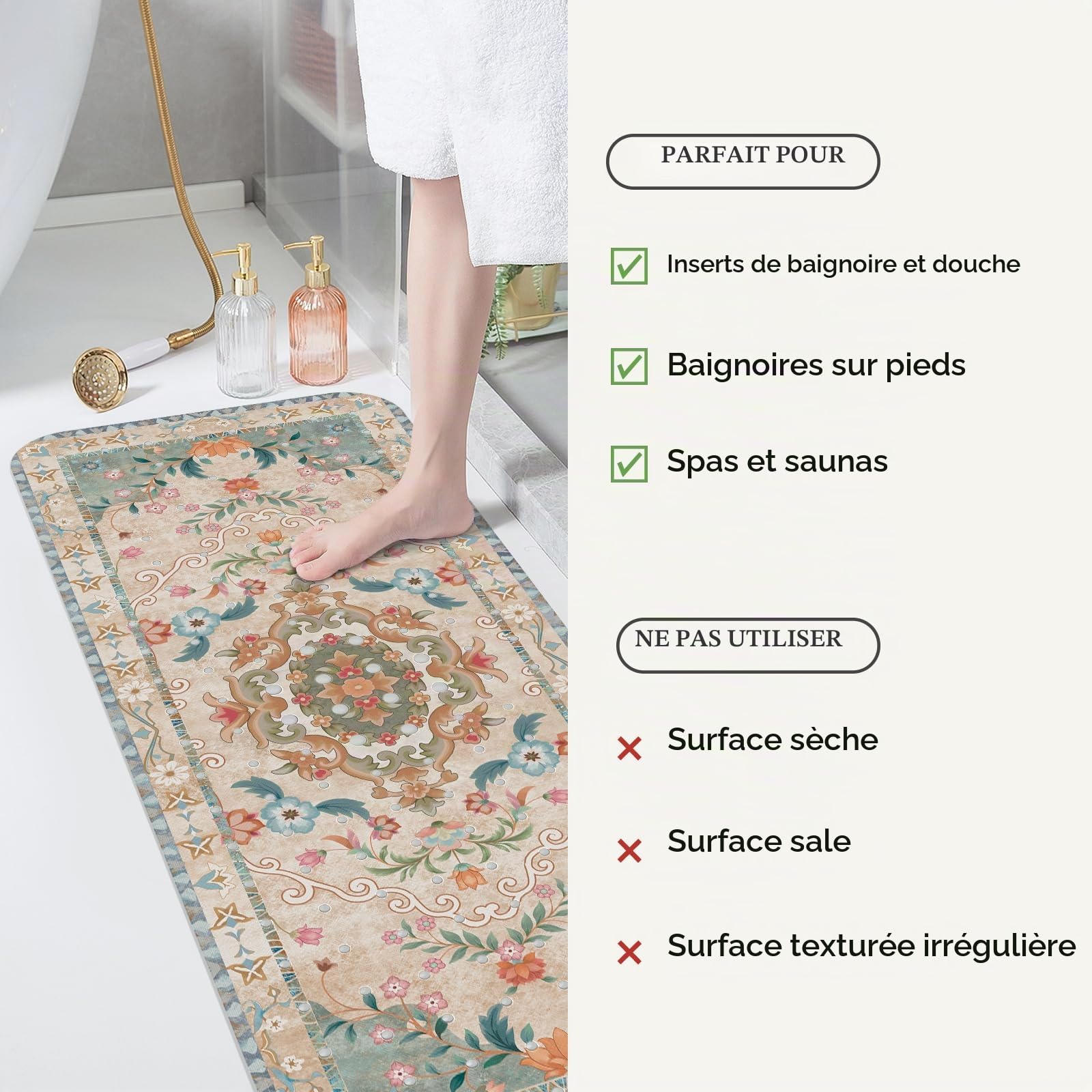 SHUCHING Tapis de Baignoire Antidérapant Boho Beige 100 X 40 cm | Tapis de Bain Antidérapant, Tapis de Douche Lavable en Machine et Anti Moisissure