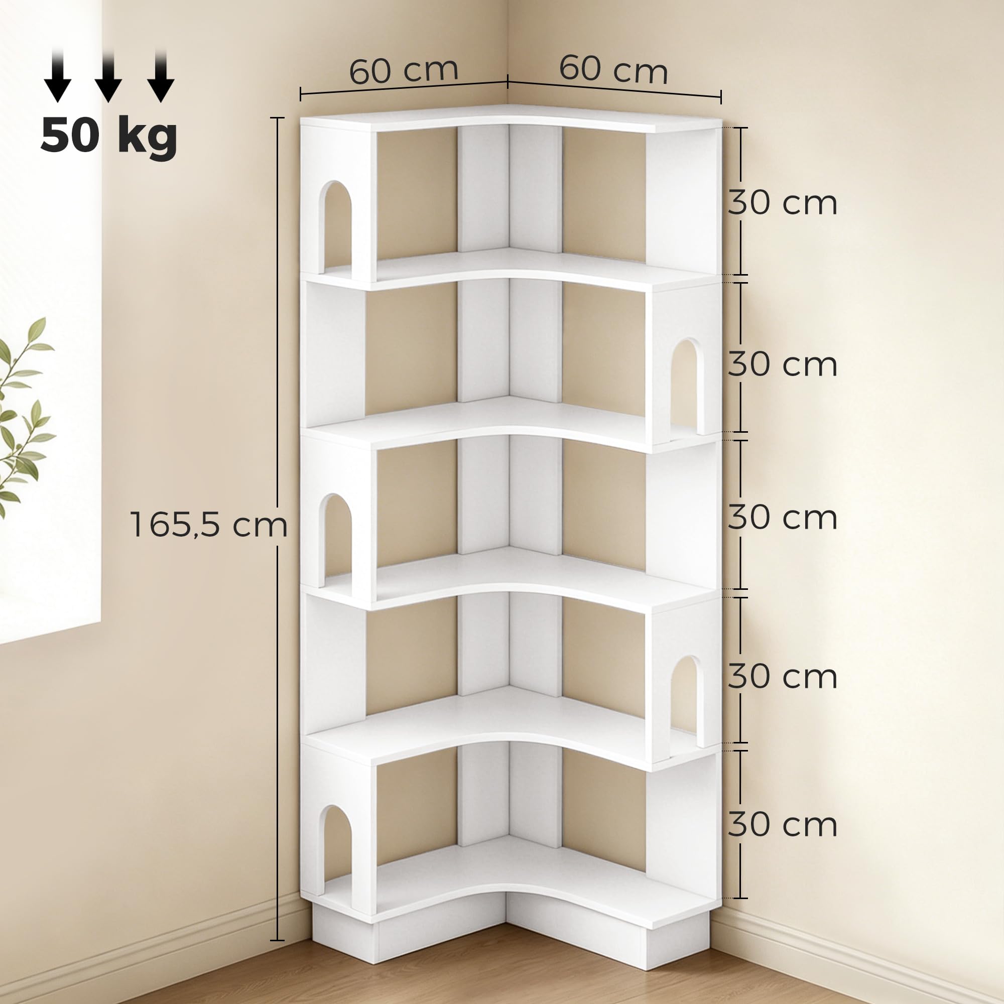 HOMCOM Bibliothèque d'angle, étagère de Rangement à 6 Niveaux avec Panneaux latéraux arqués, Style Moderne, Meuble de Rangement pour Bureau, Salon, Chambre, 60 x 60 x 165,5 cm, Blanc