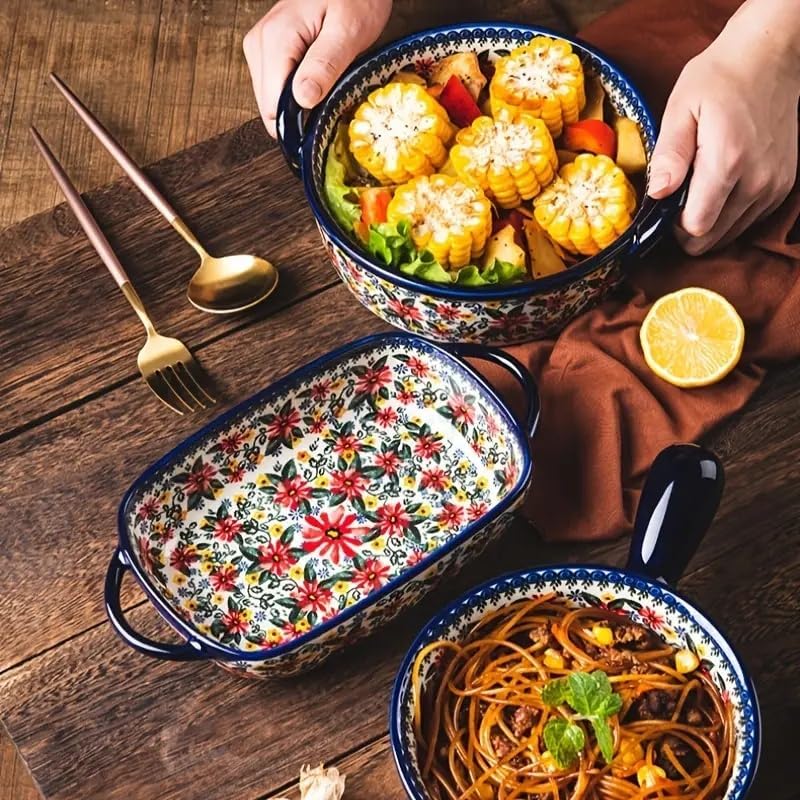 Ceramic Baking Casserole Dish with Handles,Elegant Floral Design Rectangular Lasagna Pan Bakeware for Baking Cooking, Roasting, Broiling, Gratin