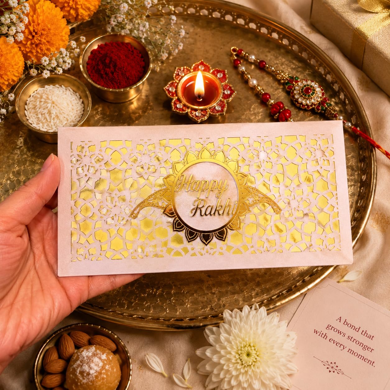 Happy Rakhi Shagun Envelope for Raksha Bandhan | Laser Cut Money Envelope with Acrylic Design | Cash Gift Cover for Brother, Sister & Family | Premium Rakhi Money Cover Pack of 5 (Pink)-image-6