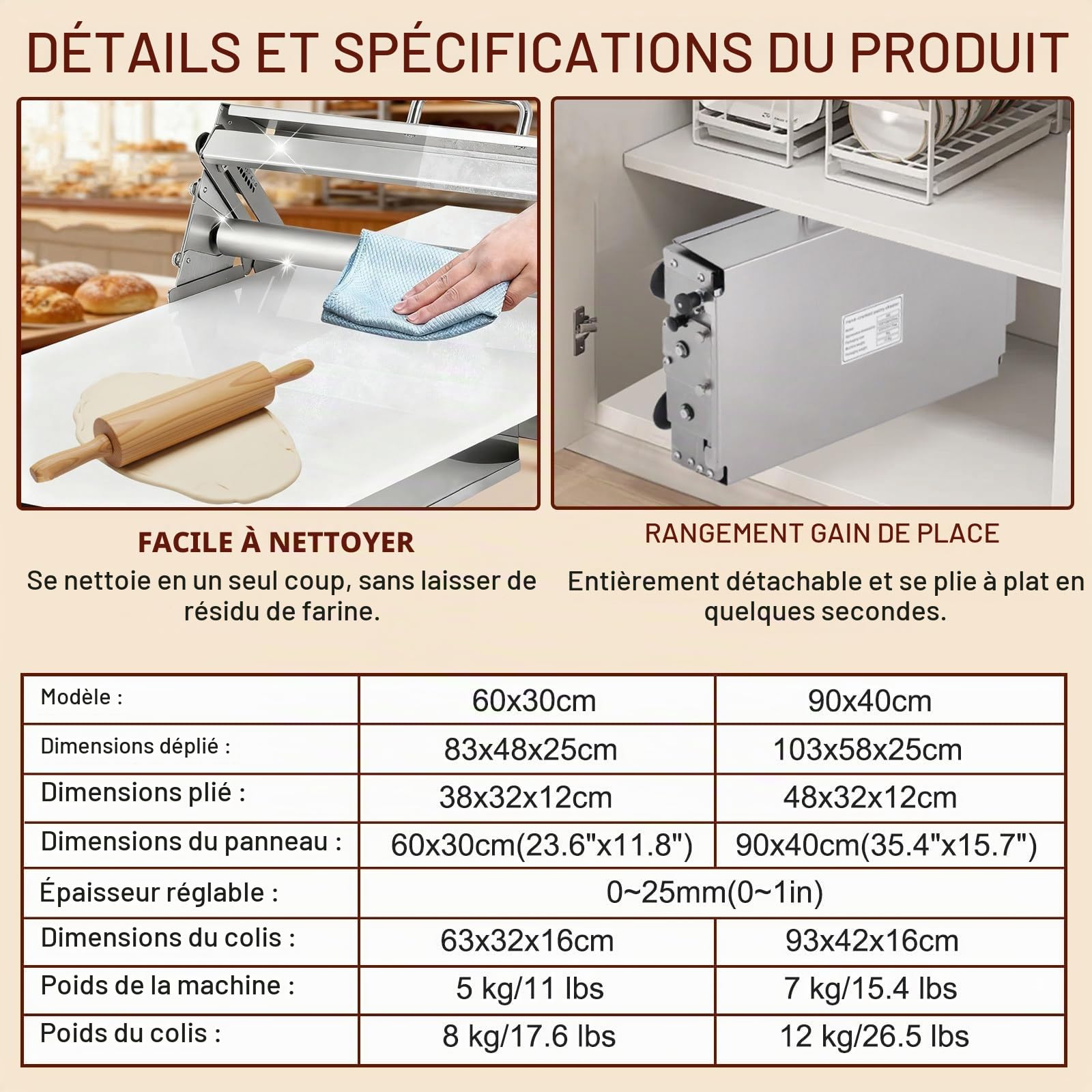 Laminoir à pâte à épaisseur réglable, Machine à laminer la pâte Pliable, avec Plaque de laminage, Machine à laminer la pâte Manuelle, pour Pizzas, Croissants 60x30cm