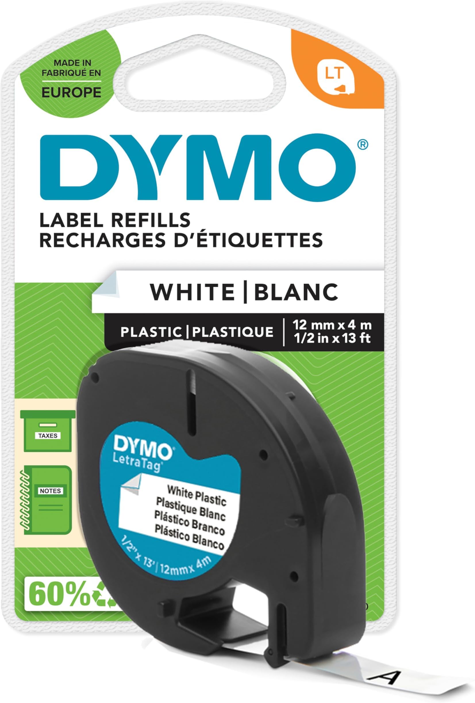 Dymo S0721660 LetraTag Plastic Tape, Self-Adhesive, 12 mm x 4 m Roll, Black Print on White