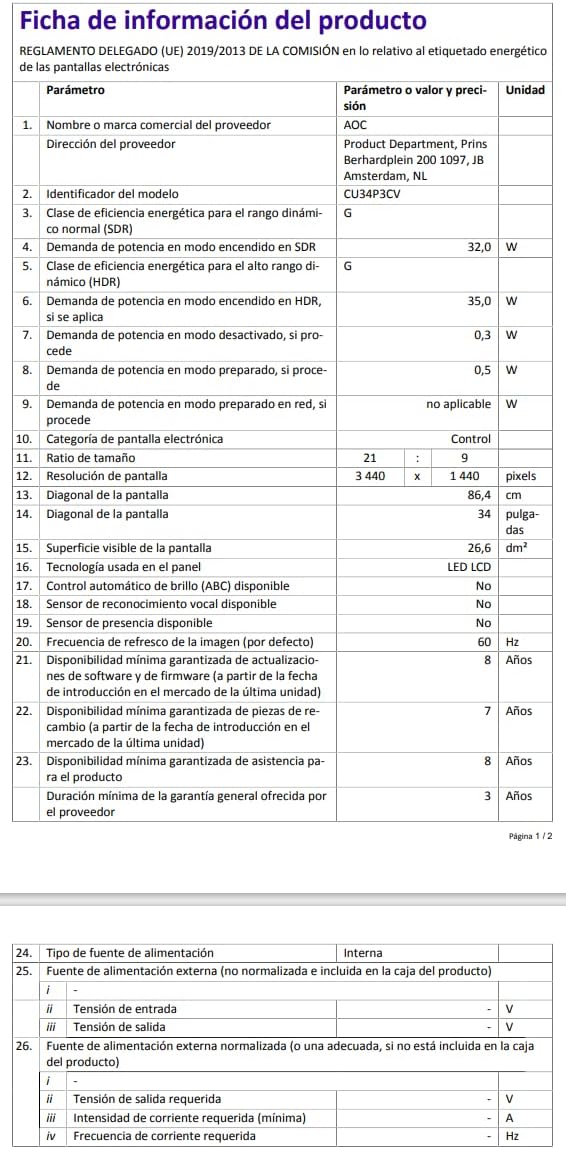 EU Energy Label for AOC CU34P3CV monitor, showing energy efficiency class G and power consumption values.