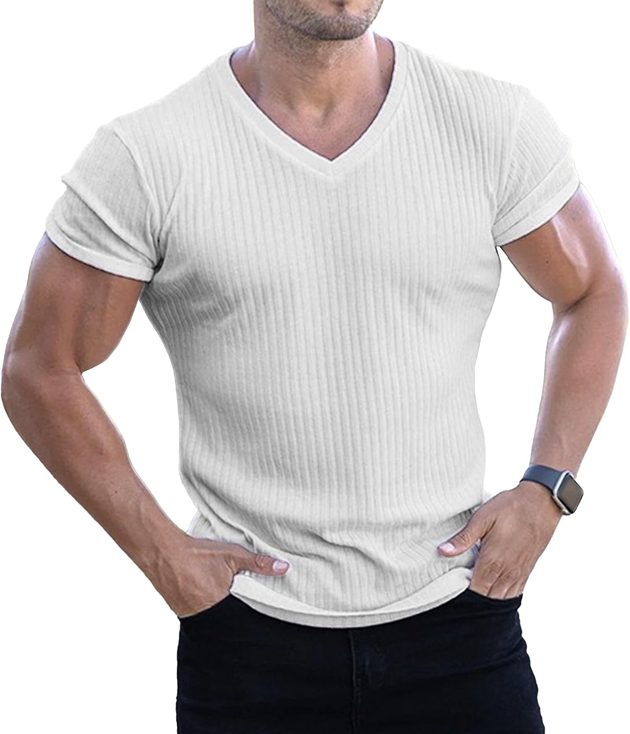 Maiyifu-GJ Men's Ribbed Knit Short Sleeve Muscle T-Shirts Slim Fit V-Neck Gym Workout Athletic Tees Summer Casual Basic Tops