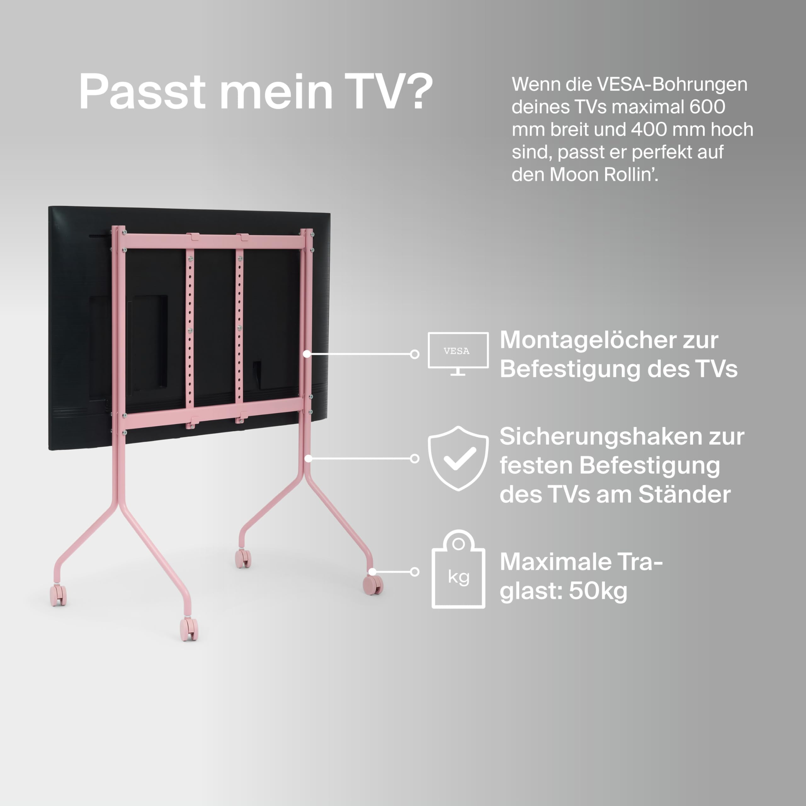 Pedestal Moon Rollin’ TV Ständer mit Rollen für Fernseher 44–60 Zoll | Fernsehständer & TV Wagen | TV Standfuss Rollbar | TV Bodenständer für Wohnzimmer | TV Erhöhung (Bubble Gum)