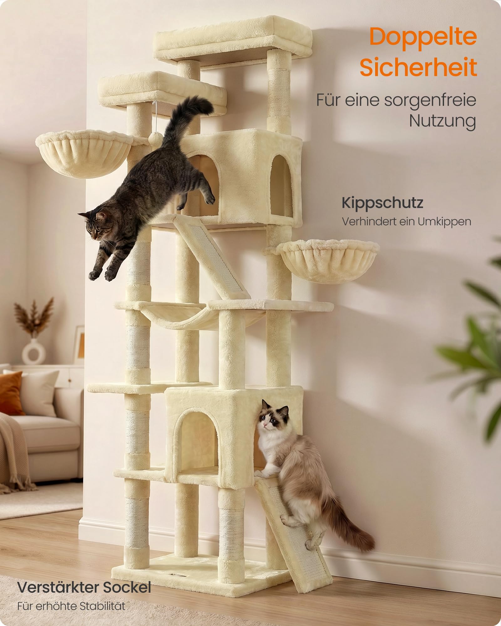 Feandrea Kratzbaum groß, XXL Katzenbaum mit Kratzbrettern und Sisal, Kletterbaum für Große Katzen, 55 x 45 x 206 cm, Beige, für Mehrkatzenhaushalt, Clawfy Kollektion PCT021Y101