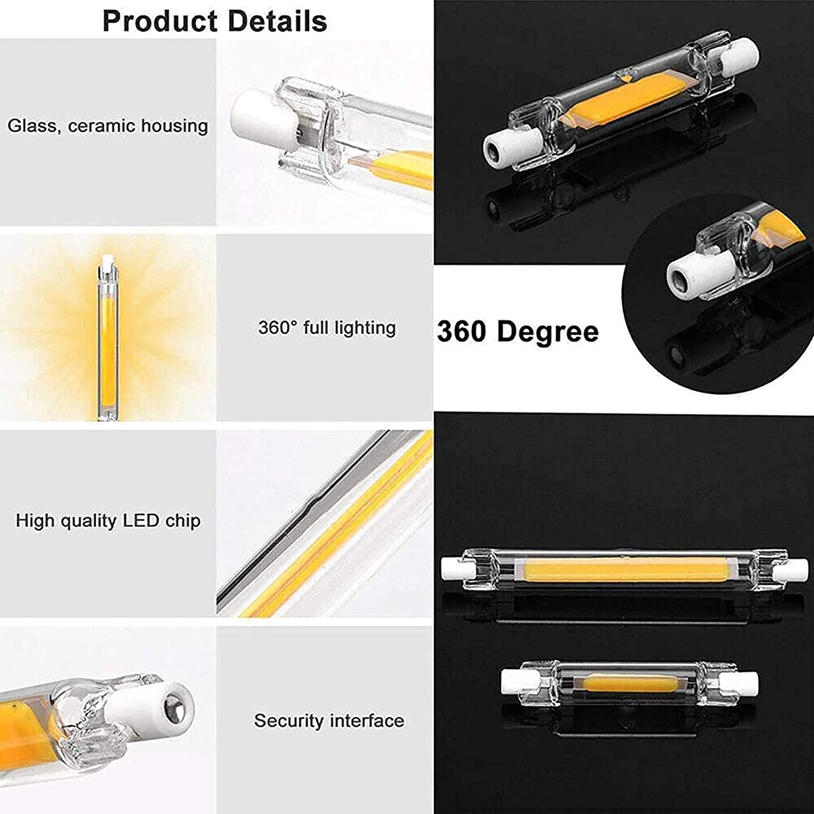 Żarówka Led R7S o zmiennej intensywności 10 W 118 Mm, Ac 120 V-230 V, 1000 lm, podwójna podstawa, żarówka halogenowa 100 W, do projektora sufitowego (zestaw 2 sztuk). Elegancka i praktyczna
