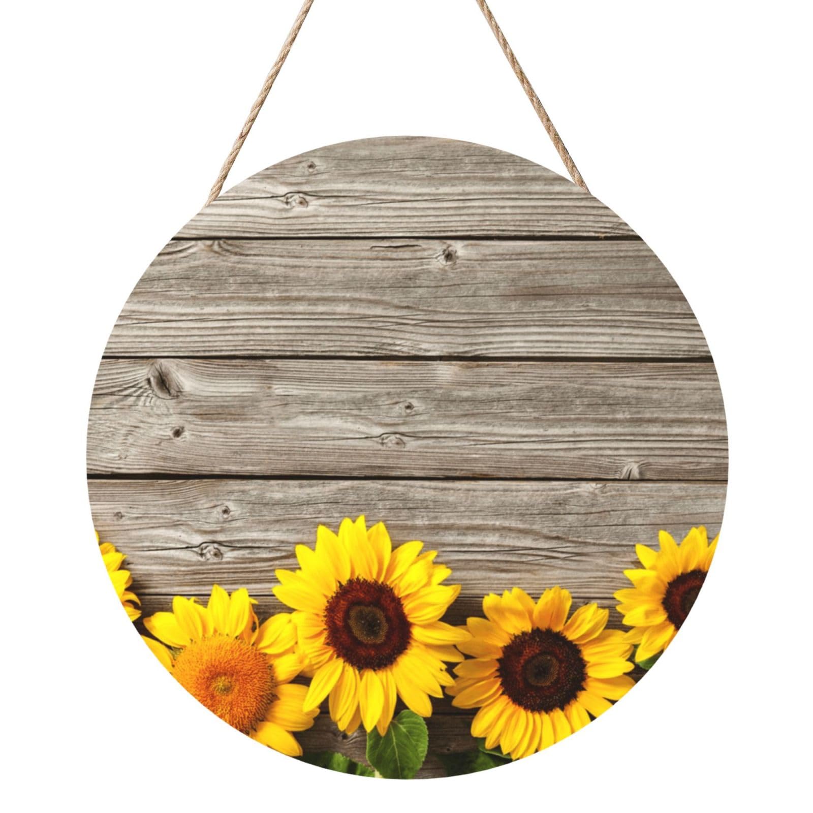 InOmak Sunflower On Rustic Wood, Round Wood Panel Painting 12 in, Wall Hanging Painting For Home