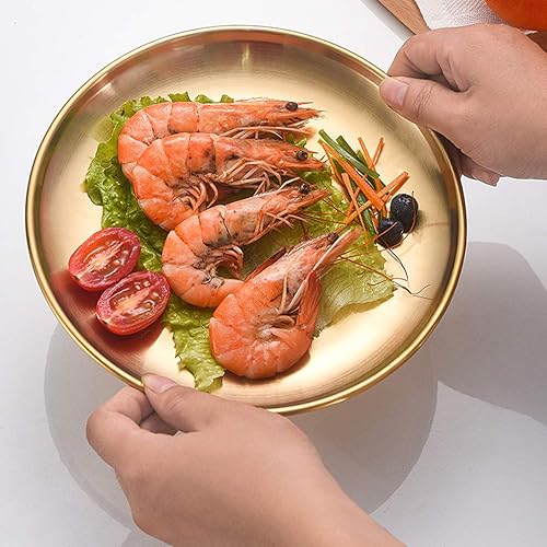 Miniatura 6 de AIYoo Platos dorados de acero inoxidable, juego de 2 platos redondos de metal de 10 pulgadas, ideales para picnic, platos de campamento al aire