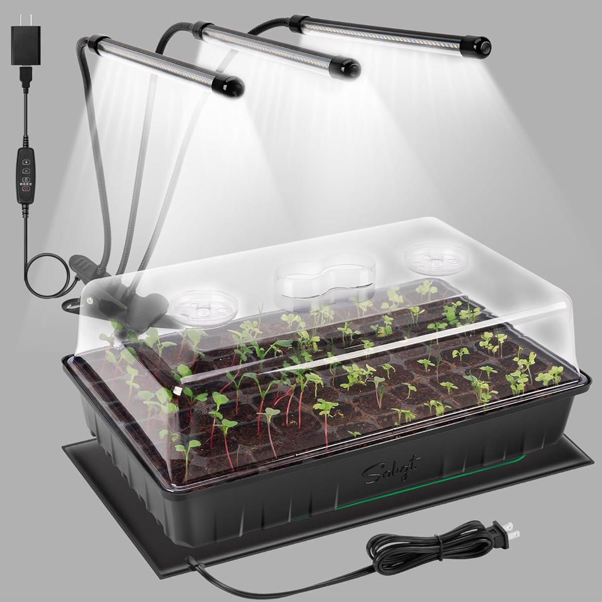 SOLIGT 60 Cell Seed Starter Kit with Grow Light and Heat Mat, Seed Starter Tray with Higher 4.3” Humidity Dome, 4/8/12/18H Timer, Flexible Light for Indoor Seed Starting & Seedling