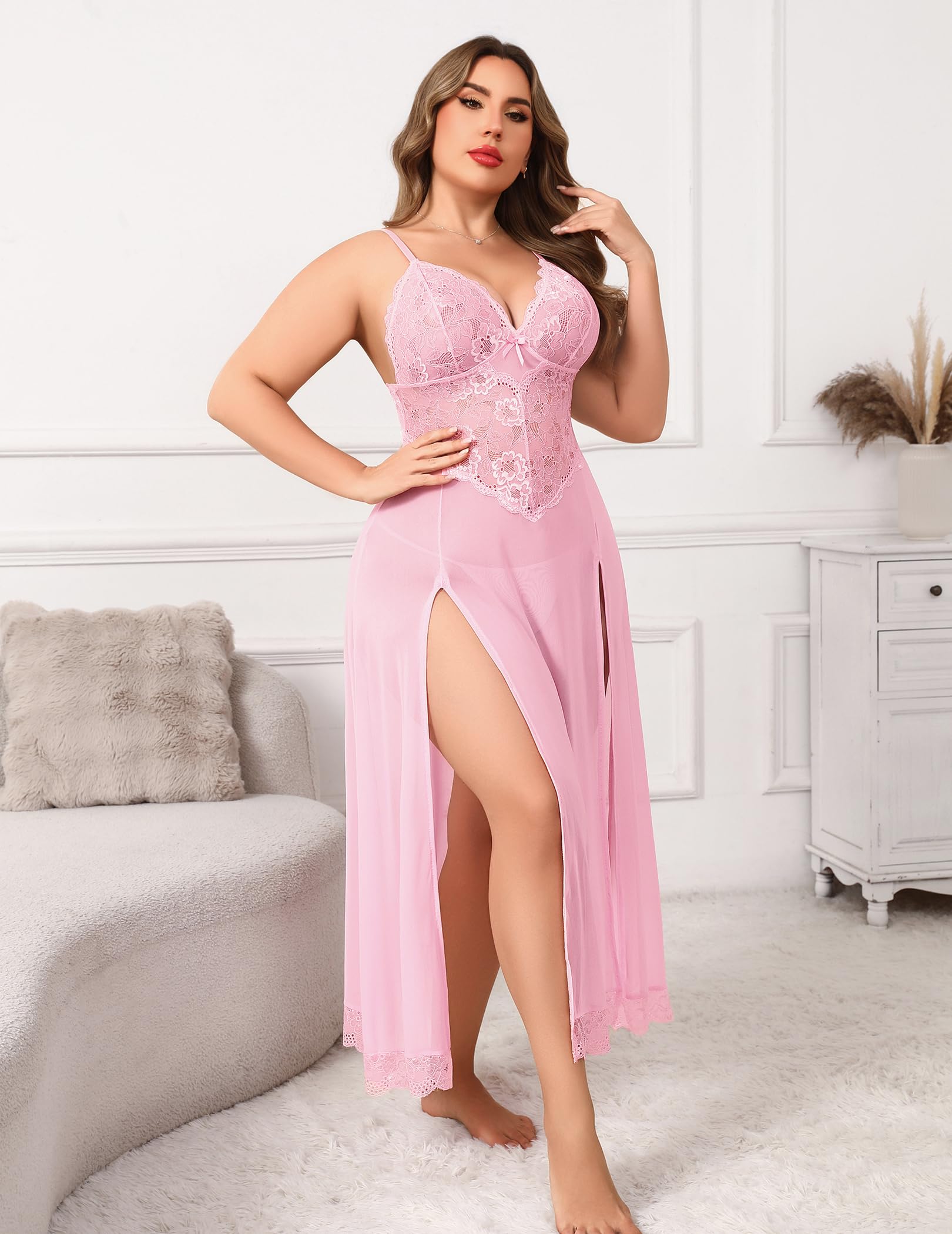 Avidlove Plus Size Lingerie for Women Sexy Lace Babydoll Long Lingerie Dress Side Split Nightgown