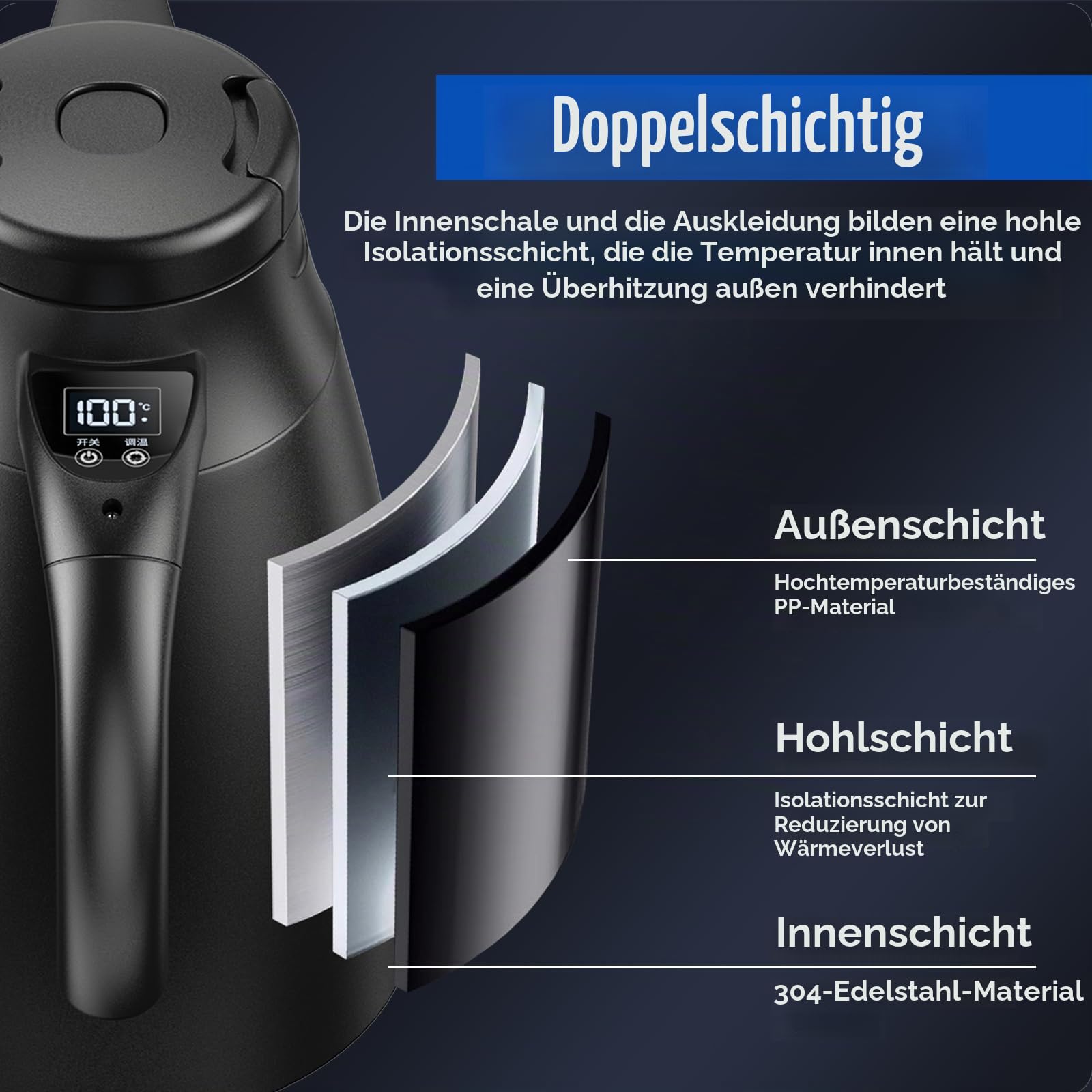 12V/24V Reise Wasserkocher Auto: 1,2 Liter Edelstahl Elektrischer Mobiler Reisewasserkocher mit Zigarettenanzünder Bis zu 100℃ mit LCD-Anzeige für Heißwasser Kaffee Tee, Auto LKW KFZ Camping