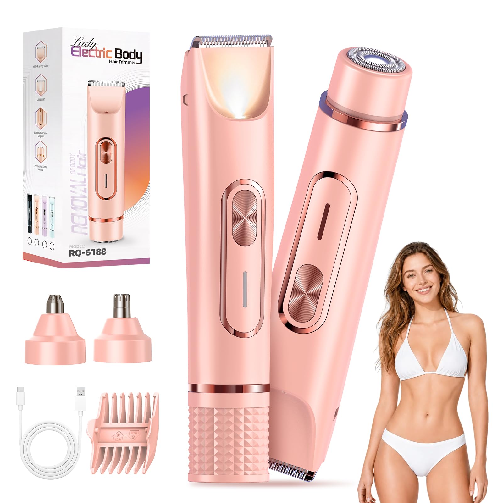 JTF Rasoio Elettrico Donna 4-in-1,Depilatore per Parti Intime, Bikini, Viso, Ascelle, Gambe e Braccia – IPX7 Impermeabile,Ricaricabile USB, Uso Bagnato e Asciutto (Rosa)