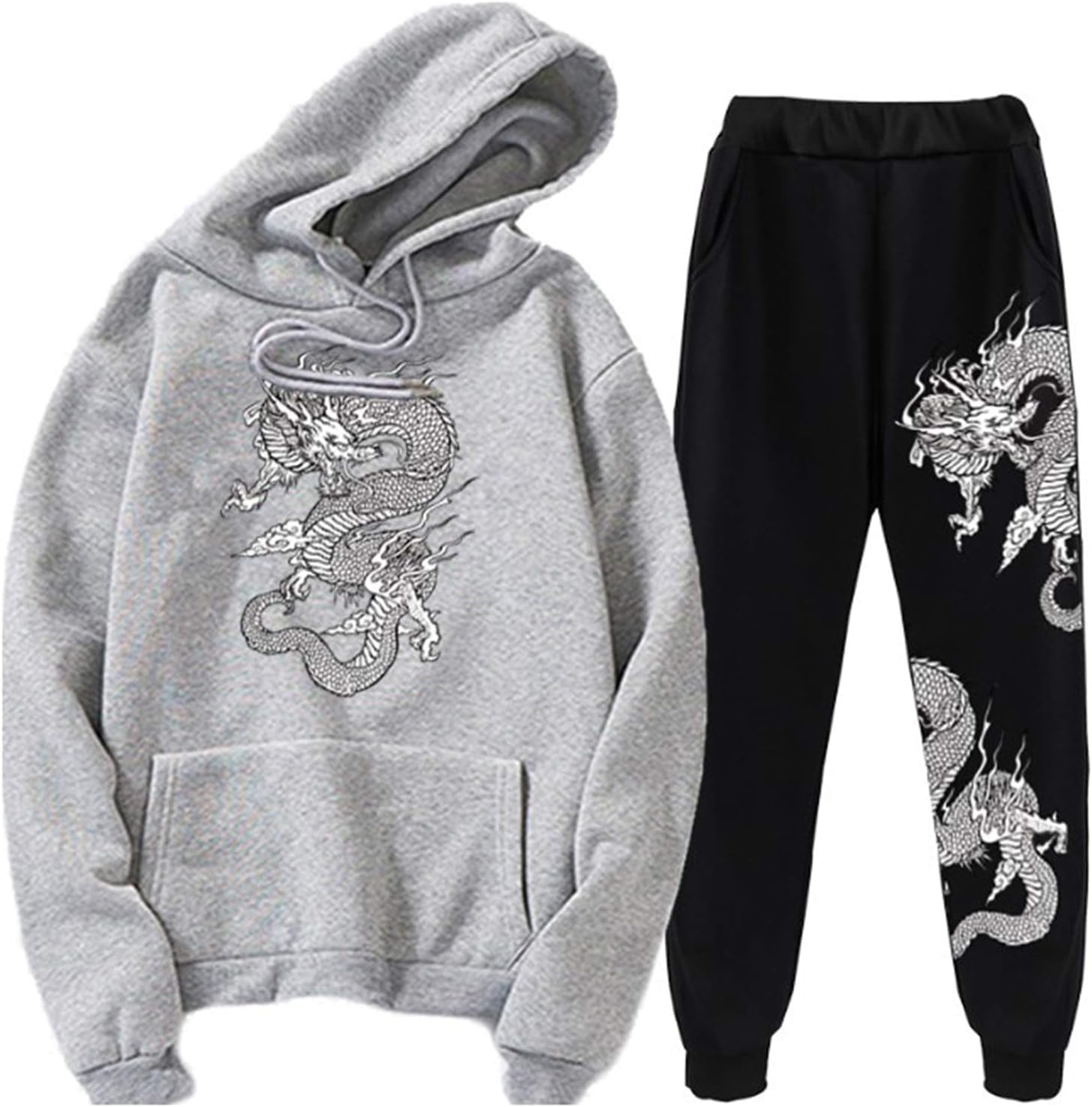 Dsaoteng Unisex Grey 2 Chinese Dragon Print Tracksuit Set Dragon Hoodies Sweatshirt & Jogger Pants Two Piece Set (M,)