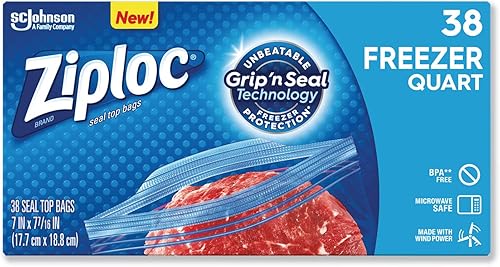 Ziploc 314444 Bolsas de congelador con doble cremallera, 1 cuarto de galón, 2.7 mil, 6.97 pulgadas x 7.7 pulgadas, transparente, 9cartón