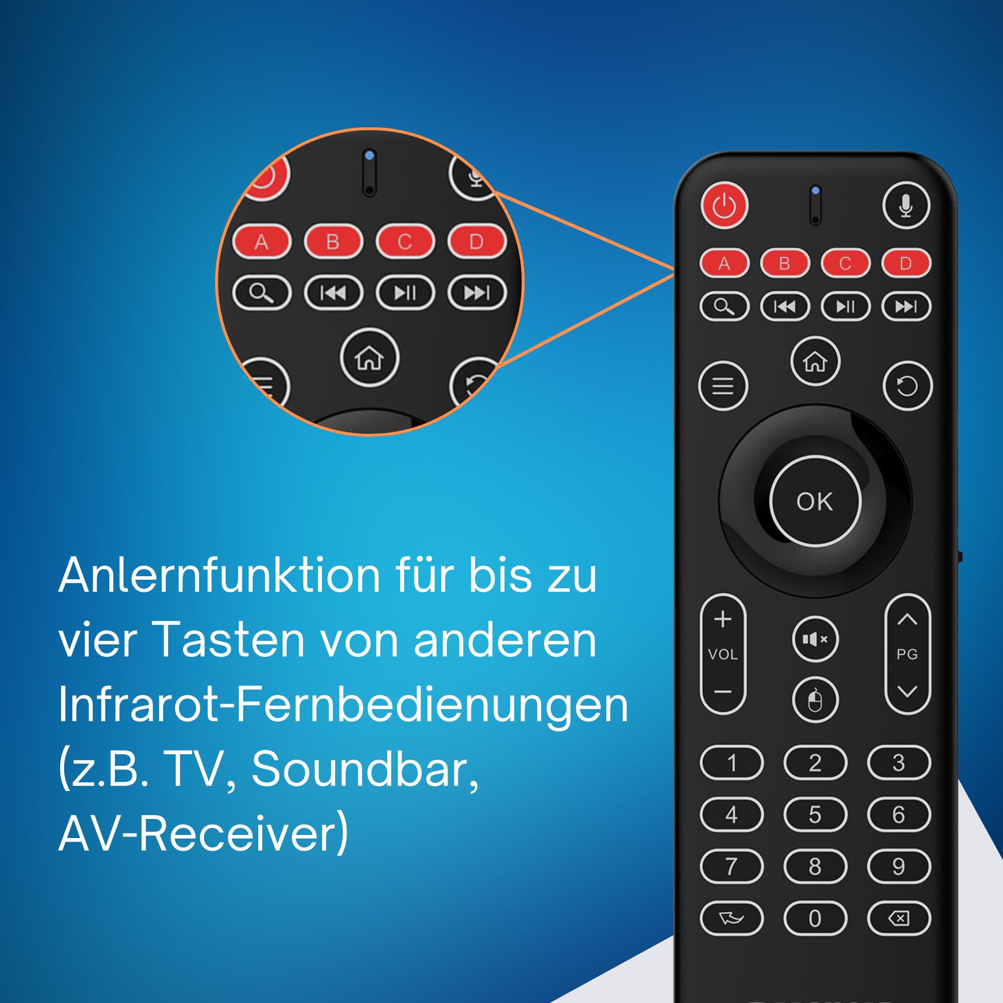 Orbsmart AM-1 Pro Airmouse Tastatur QWERTZ, Mini PC & TV Box Fernbedienung | LED-Hintergrundbeleuchtung & wiederaufladbarer Akku. Präzise Steuerung per Gyro-Sensor & Mikrofon. Inklusive IR-Lernfunktion