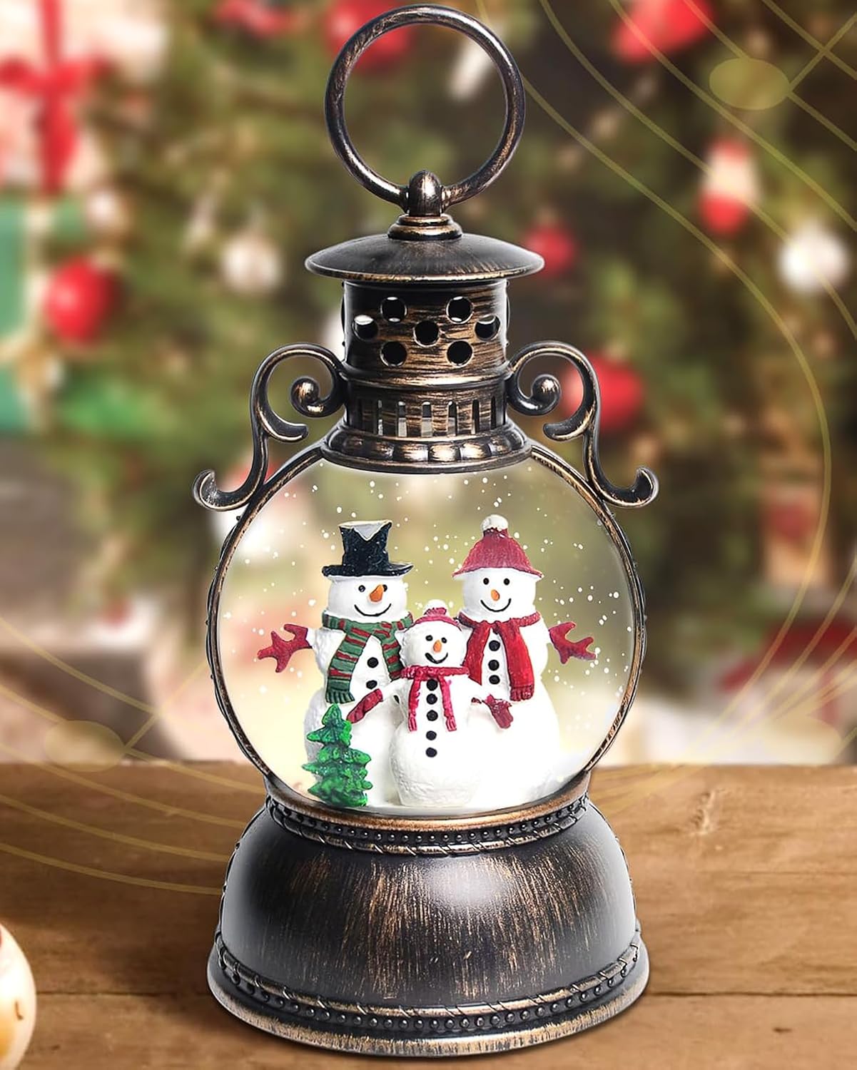 Christmas Snow Globes, Christmas Snow Lantern with 8 Songs, 6H Timer Battery & USB Powered Glitter Music Box for Christmas Table Decorations Home Decor