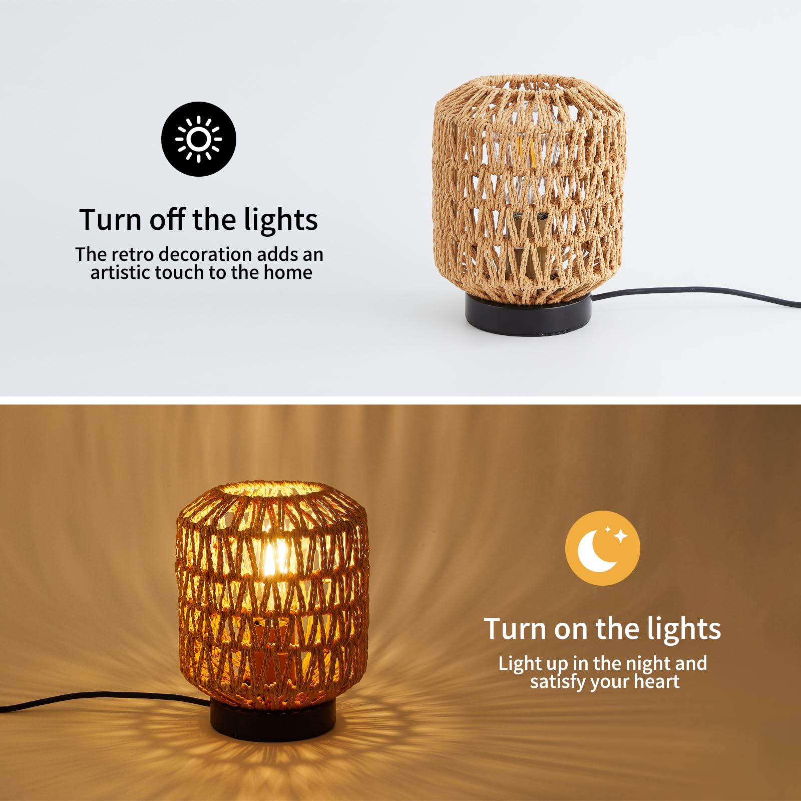 WILON Tisch Lampe, Rattan Tischlampe Kleine, Tischlampe mit Stecker, E27 Schreibtischlampe Retro, Handgewebte Lampenschirme, Nachtlicht Lampe für Schalfzimmer Kinderzimmer, Esszimmer, Hochzeit