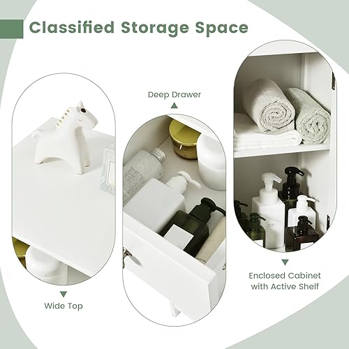 Miniatura 9 de Tangkula Armario de almacenamiento delgado para baño, gabinete estrecho de piso de madera con cajón y puerta de obturador, estante ajustable y