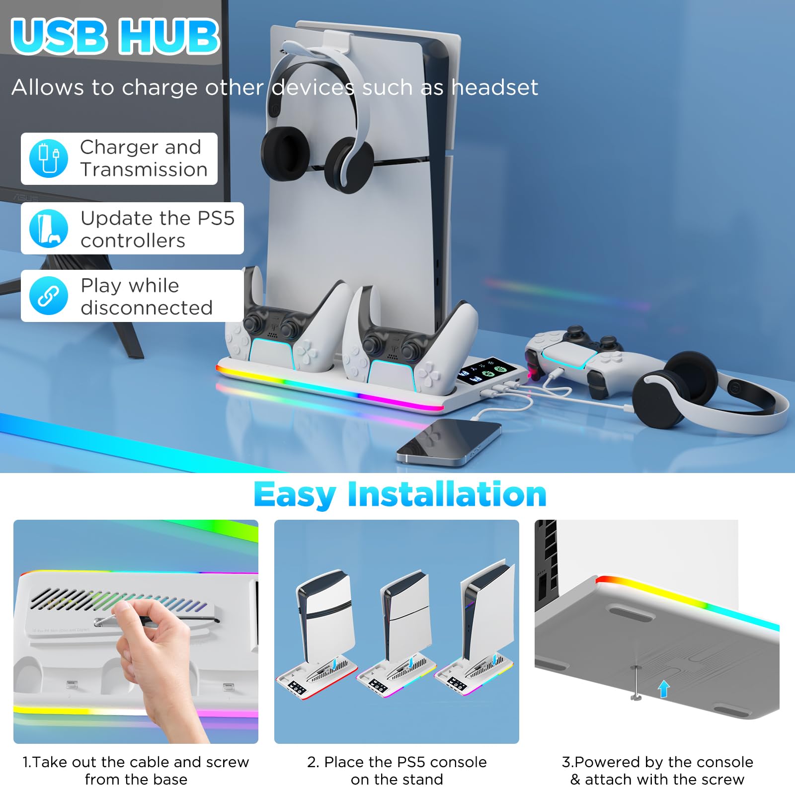 Supporto per PS5/Slim/Pro con Ventola di Raffreddamento, Ricarica Controller PS5, Base PS5 Supporto Verticale con 3 Luci RGB modes per Playstation 5 Console Edizione Disco/Digital Accessori