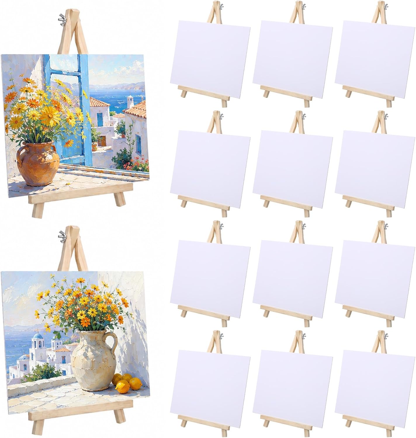 24 Pcs Large Size Canvas and Easel Set for Painting 7.9X 9.8 Inch Canvas Panels with 12.2 Inch Wooden Easels for Oil Acrylic Painting Christmas Birthday Art Crafts Party Favors