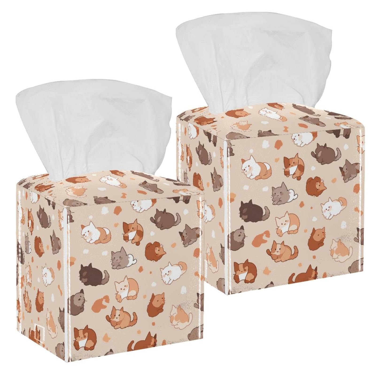 Lovely Cat Tissue Box Cover, 2 Pack PU Leather Square Facial Tissue Dispenser Box holder for Home Office Car
