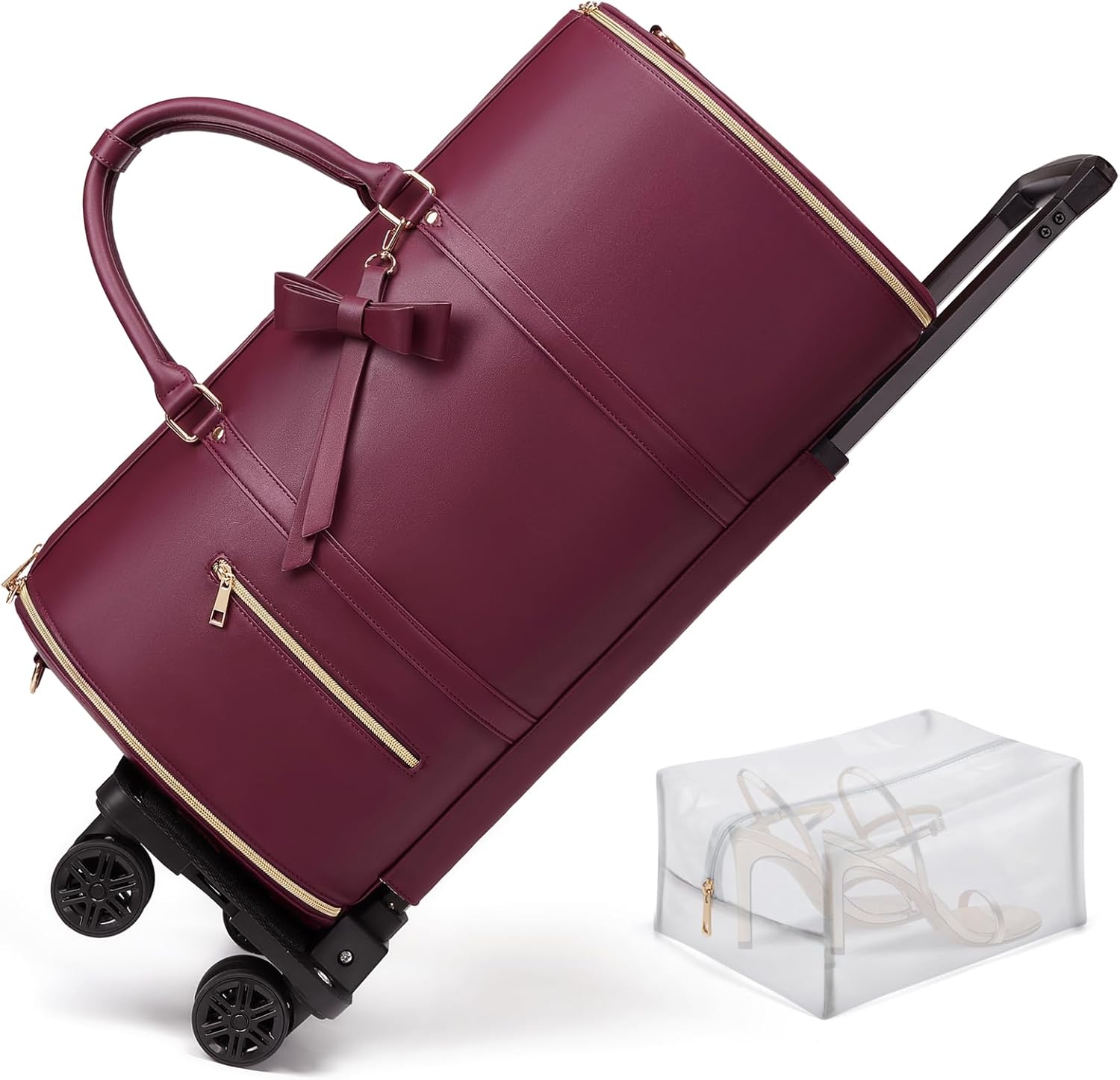 Rolling Garment Bags For Travel, Luxury Duffel Bag with Wheels,3-in-1 Suit Luggage Bag for Women Business Trip & Travel With Shoe Pouch, Foldable PU Leather Carry On Garment Bag, Red