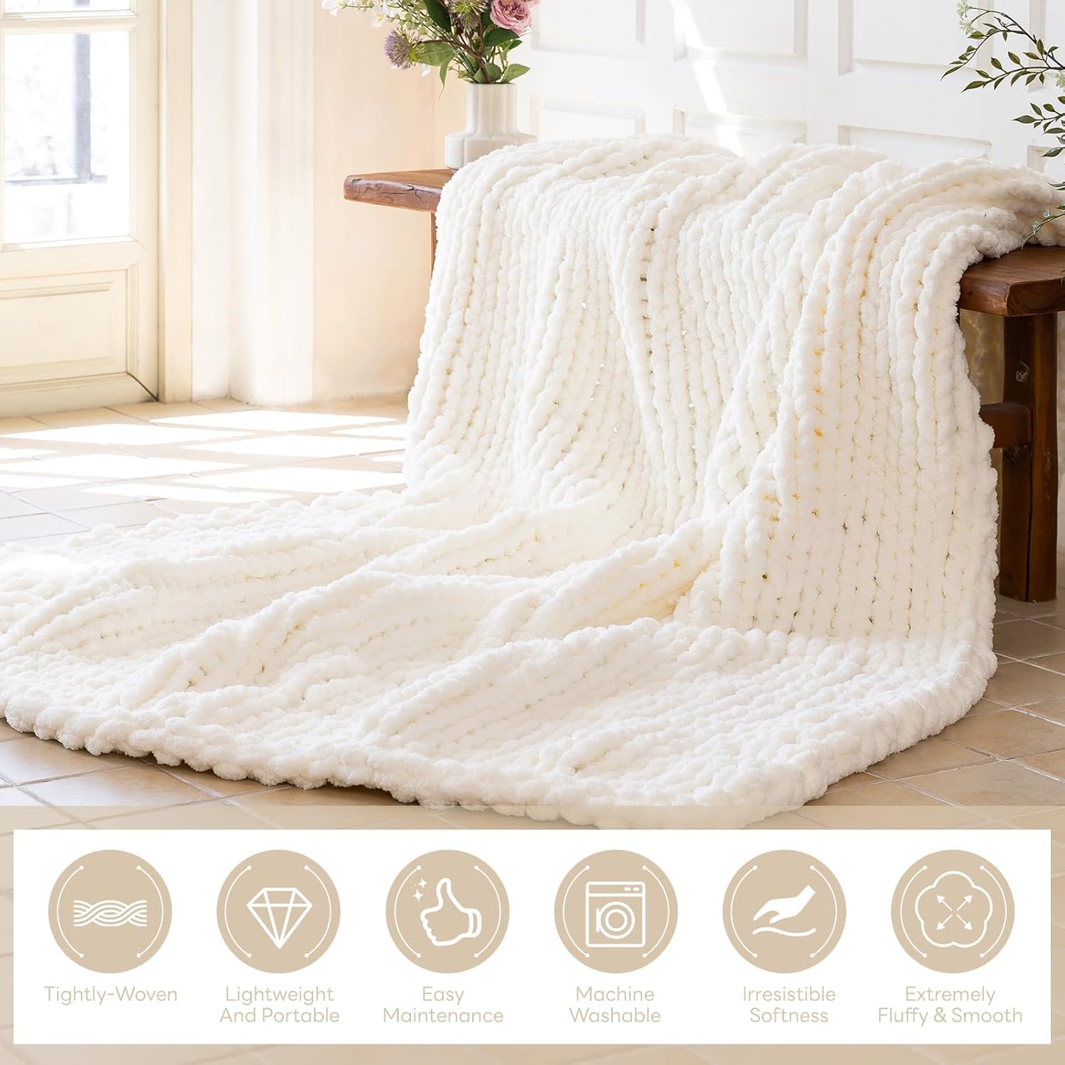 Chunky Knit Blanket - Luxury Soft Cozy 80 * 90 Throw Blanket,100% Woven Blanket Rope Knot Throw Blanket for Couch, Sofa, Home Decor, Gift - Machine Washable (Ivory White, 80 * 90) - Image 2
