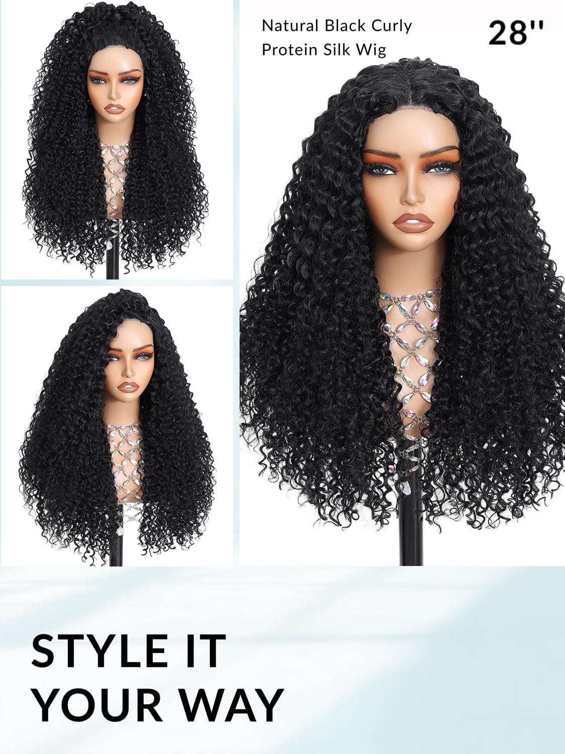 Curly Wigs for Women,28 inch Long Black Curly Wig 100% Protein Silk Glueless Wig,Synthetic Wig Upgraded with Premium Human-Hair-Like Feel,Natural Looking Curly Hair Wig for Daily Party Use (Black)