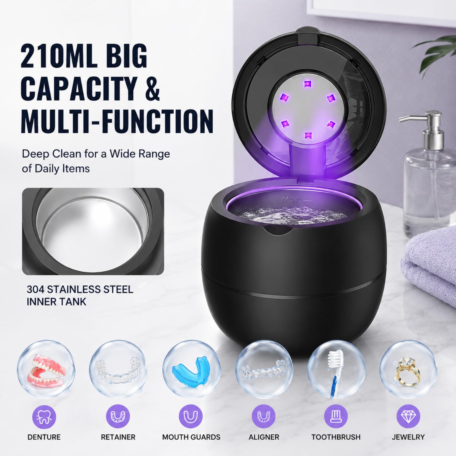 Detartreur dentaire ultrason,Stérilisateur Ultrasonique Uv 42000hz,Nettoyage En Profondeur Sans Produits Chimiques,Pour Gouttières Et Dentiers,Aligneurs,Protège - Dent