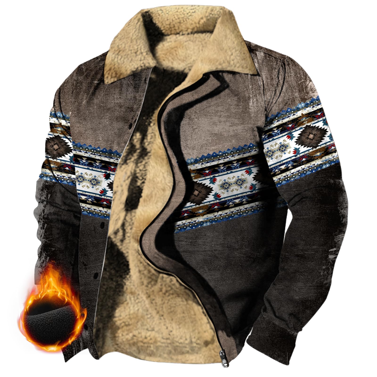 MARSVOVO Vintage Jacket Men Aztec Cowboy Hoodie Fleece Western Jacket Casual Warm Coat Long Sleeve Lapel Neck